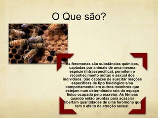 O Que são?



     As feromonas são substâncias químicas,
       captadas por animais de uma mesma
       espécie (intraespecífica), permitem o
       reconhecimento mútuo e sexual dos
  indivíduos. São capazes de suscitar reações
        específicas de tipo fisiológico e/ou
    comportamental em outros membros que
    estejam num determinado raio do espaço
     físico ocupado pelo excretor. As fêmeas
        quando estão prontas para acasalar
  ,libertam quantidades de uma feromona que
          tem o efeito de atração sexual.
 
