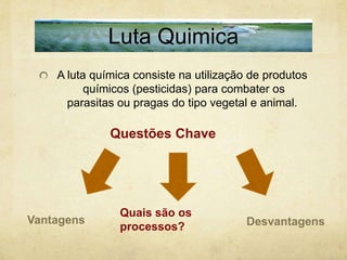 Luta Quimica
    A luta química consiste na utilização de produtos
          químicos (pesticidas) para combater os
      parasitas ou pragas do tipo vegetal e animal.

              Questões Chave




                Quais são os
Vantagens                                Desvantagens
                processos?
 