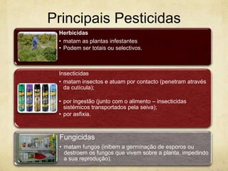 Principais Pesticidas
 Herbicidas
 • matam as plantas infestantes
 • Podem ser totais ou selectivos.



 Insecticidas
 • matam insectos e atuam por contacto (penetram através
   da cutícula);

 • por ingestão (junto com o alimento – insecticidas
   sistémicos transportados pela seiva);
 • por asfixia.



 Fungicidas
 • matam fungos (inibem a germinação de esporos ou
   destroem os fungos que vivem sobre a planta, impedindo
   a sua reprodução).
 
