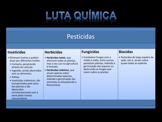 Pesticidas
Inseticidas
• Eliminam insetos e podem
atuar por diferentes modos:
• Contacto, penetrando
através da cutícula;
• Ingestão, sendo absorvidos
com os alimentos;
• Asfixia;
• Inseticidas sistémicos, são
transportados pela seiva
das plantas e são
absorvidos
simultaneamente com a
seiva pelos insetos
consumidores
Herbicidas
• Herbicidas totais, que
eliminam todas as plantas,
mas o seu uso na agricultura
é limitado.
• Herbicidas seletivos, que
atuam apenas sobre
determinadas espécies,
inibindo a germinação das
sementes ou bloqueando a
fotossíntese.
Fungicidas
• Combatem fungos com o
míldio e oídio, entre outros,
parasitam plantas, inibindo a
germinação dos esporos ou
destruindo os fungos que
vivem sobre as plantas
Biocidas
• Pesticidas de largo espetro de
ação, isto é, atuam sobre
quase todas as espécies
 