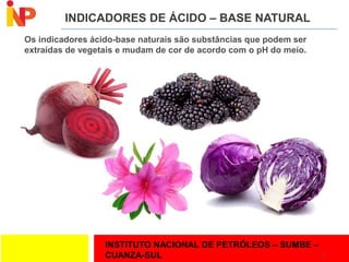 INSTITUTO NACIONAL DE PETRÓLEOS – SUMBE –
CUANZA-SUL
INDICADORES DE ÁCIDO – BASE NATURAL
9
Os indicadores ácido-base naturais são substâncias que podem ser
extraídas de vegetais e mudam de cor de acordo com o pH do meio.
 