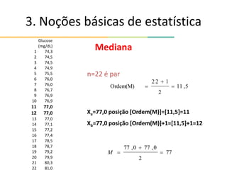3. Noções básicas de estatística
Mediana
n=22 é par
Xa=77,0 posição [Ordem(M)]=[11,5]=11
Xb=77,0 posição [Ordem(M)]+1=[11,5]+1=12
5
,
11
2
1
2
2
Ordem(M) 


77
2
0
,
77
0
,
77



M
Glucose
(mg/dL)
1 74,3
2 74,5
3 74,5
4 74,9
5 75,5
6 76,0
7 76,0
8 76,7
9 76,9
10 76,9
11 77,0
12 77,0
13 77,0
14 77,1
15 77,2
16 77,4
17 78,5
18 78,7
19 79,2
20 79,9
21 80,3
22 81,0
 