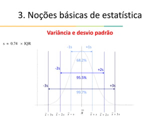 3. Noções básicas de estatística
Variância e desvio padrão
+1s
68.2%
-1s
-2s +2s
95.5%
-3s +3s
99.7%
s
x  x
s
x 2

s
x 3
 s
x  s
x 2
 s
x 3

IQR
0.74
s 

 