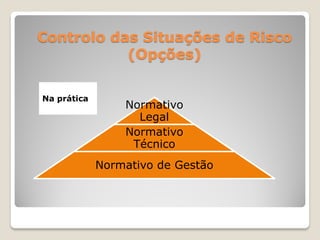 Controlo das Situações de Risco
           (Opções)

Na prática
                 Normativo
                   Legal
                 Normativo
                  Técnico
             Normativo de Gestão
 