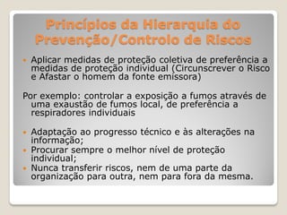 Princípios da Hierarquia do
    Prevenção/Controlo de Riscos
   Aplicar medidas de proteção coletiva de preferência a
    medidas de proteção individual (Circunscrever o Risco
    e Afastar o homem da fonte emissora)

Por exemplo: controlar a exposição a fumos através de
  uma exaustão de fumos local, de preferência a
  respiradores individuais

 Adaptação ao progresso técnico e às alterações na
  informação;
 Procurar sempre o melhor nível de proteção
  individual;
 Nunca transferir riscos, nem de uma parte da
  organização para outra, nem para fora da mesma.
 