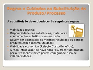 Regras e Cuidados na Substituição do
         Produto/Processo

A substituição deve obedecer às seguintes regras:


   Viabilidade técnica;
   Disponibilidade das substâncias, materiais e
    equipamentos substitutos no mercado;
   Devem ser alcançados os mesmos resultados ou obtidos
    produtos com a mesma utilidade;
   Viabilidade económica (Relação Custo-Benefício);
   A “não-introdução” de novo risco (ex. trocar um produto
    por outro menos tóxico porém com grande risco de
    inflamabilidade).
 