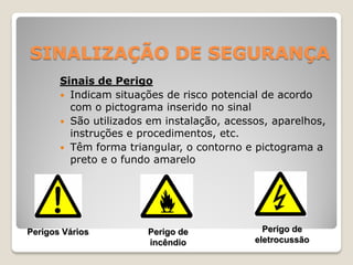SINALIZAÇÃO DE SEGURANÇA
       Sinais de Perigo
        Indicam situações de risco potencial de acordo
         com o pictograma inserido no sinal
        São utilizados em instalação, acessos, aparelhos,
         instruções e procedimentos, etc.
        Têm forma triangular, o contorno e pictograma a
         preto e o fundo amarelo




Perigos Vários         Perigo de              Perigo de
                       incêndio             eletrocussão
 