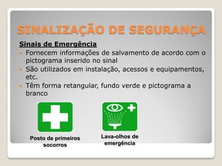 SINALIZAÇÃO DE SEGURANÇA
Sinais de Emergência
 Fornecem informações de salvamento de acordo com o
  pictograma inserido no sinal
 São utilizados em instalação, acessos e equipamentos,
  etc.
 Têm forma retangular, fundo verde e pictograma a
  branco




   Posto de primeiros   Lava-olhos de
       socorros          emergência
 