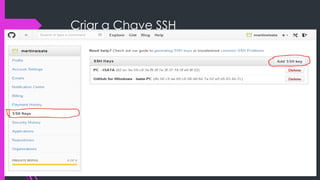Criar a Chave SSH
 E agora?, calma cara vai até ao “SSH Public Keys”. Clique “Add another
public key”.

 
