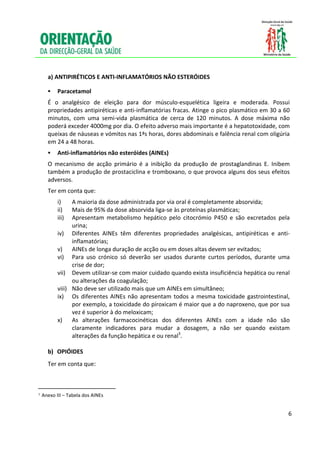  
 
     
        a) ANTIPIRÉTICOS E ANTI‐INFLAMATÓRIOS NÃO ESTERÓIDES 

             Paracetamol 
        É  o  analgésico  de  eleição  para  dor  músculo‐esquelética  ligeira  e  moderada.  Possui 
        propriedades antipiréticas e anti‐inflamatórias fracas. Atinge o pico plasmático em 30 a 60 
        minutos,  com  uma  semi‐vida  plasmática  de  cerca  de  120  minutos.  A  dose  máxima  não 
        poderá exceder 4000mg por dia. O efeito adverso mais importante é a hepatotoxidade, com 
        queixas de náuseas e vómitos nas 1ªs horas, dores abdominais e falência renal com oligúria 
        em 24 a 48 horas. 
             Anti‐inflamatórios não esteróides (AINEs) 
        O  mecanismo  de  acção  primário  é  a  inibição  da  produção  de  prostaglandinas  E.  Inibem 
        também a produção de prostaciclina e tromboxano, o que provoca alguns dos seus efeitos 
        adversos. 
        Ter em conta que:  
             i)  A maioria da dose administrada por via oral é completamente absorvida; 
             ii) Mais de 95% da dose absorvida liga‐se às proteínas plasmáticas; 
             iii)Apresentam  metabolismo  hepático  pelo  citocrómio  P450  e  são  excretados  pela 
                 urina; 
           iv) Diferentes  AINEs  têm  diferentes  propriedades  analgésicas,  antipiréticas  e  anti‐
                 inflamatórias; 
           v) AINEs de longa duração de acção ou em doses altas devem ser evitados; 
           vi) Para  uso  crónico  só  deverão  ser  usados  durante  curtos  períodos,  durante  uma 
                 crise de dor; 
           vii) Devem utilizar‐se com maior cuidado quando exista insuficiência hepática ou renal 
                 ou alterações da coagulação; 
           viii) Não deve ser utilizado mais que um AINEs em simultâneo; 
           ix) Os  diferentes  AINEs  não  apresentam  todos  a  mesma  toxicidade  gastrointestinal, 
                 por exemplo, a toxicidade do piroxicam é maior que a do naproxeno, que por sua 
                 vez é superior à do meloxicam; 
           x)    As  alterações  farmacocinéticas  dos  diferentes  AINEs  com  a  idade  não  são 
                 claramente  indicadores  para  mudar  a  dosagem,  a  não  ser  quando  existam 
                 alterações da função hepática e ou renal3. 
            
        b) OPIÓIDES 
        Ter em conta que: 
 




                                                       
3   Anexo III – Tabela dos AINEs 
 

                                                                                                       6

 
 