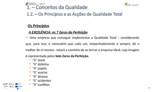 106
1. – Conceitos da Qualidade
Os Princípios
 Uma empresa que conseguir implementar a Qualidade Total – considerando
que, para isso, é necessário que cada um, empenhadamente e sempre, dê o
melhor de si mesmo - estará a caminho de se tornar a empresa ideal, cuja imagem
é representada pelos Sete Zeros da Perfeição.
 "0" stock
 "0" defeitos
 "0" papéis
 "0" avarias
 "0" atrasos
 "0" acidentes
 “0" conflitos
1.2. – Os Princípios e as Acções de Qualidade Total
A EXCELÊNCIA: os 7 Zeros da Perfeição
 