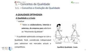 62
1. – Conceitos da Qualidade
motivar
 Todos os colaboradores, internos e
externos, da empresa para aderirem
ao "Movimento Qualidade“
 A qualidade optimizada consegue-se com a
Qualidade Total, considerada indispensável
para sobreviver nos mercados actuais e
competitivos.
A QUALIDADE OPTIMIZADA
A Qualidade e o Custo
Equilíbrio Qualidade - Custo
1.1. – Conceitos e Evolução de Qualidade
 