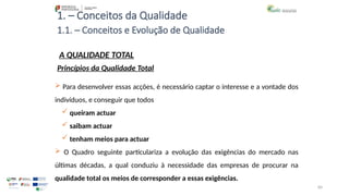 84
1. – Conceitos da Qualidade
A QUALIDADE TOTAL
 Para desenvolver essas acções, é necessário captar o interesse e a vontade dos
indivíduos, e conseguir que todos
 queiram actuar
 saibam actuar
 tenham meios para actuar
 O Quadro seguinte particulariza a evolução das exigências do mercado nas
últimas décadas, a qual conduziu à necessidade das empresas de procurar na
qualidade total os meios de corresponder a essas exigências.
Princípios da Qualidade Total
1.1. – Conceitos e Evolução de Qualidade
 