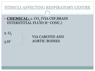 STIMULI AFFECTING RESPIRATORY CENTRE
 CHEMICAL: 1. CO2 (VIA CSF,BRAIN
INTERSTITIAL FLUID H+ CONC.)
2. O2
3.H+
VIA CAROTID AND
AORTIC BODIES.
 