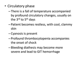 • Circulatory phase 
– There is a fall of temperature accompanied 
by profound circulatory changes, usually on 
the 3rd to 5th days 
– Patient becomes restless, with cool, clammy 
skin 
– Cyanosis is present 
– Profound thrombocytopenia accompanies 
the onset of shock 
– Bleeding diathesis may become more 
severe and lead to GIT hemorrhage 
 
