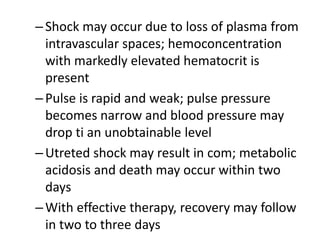 – Shock may occur due to loss of plasma from 
intravascular spaces; hemoconcentration 
with markedly elevated hematocrit is 
present 
– Pulse is rapid and weak; pulse pressure 
becomes narrow and blood pressure may 
drop ti an unobtainable level 
– Utreted shock may result in com; metabolic 
acidosis and death may occur within two 
days 
– With effective therapy, recovery may follow 
in two to three days 
 