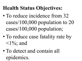 Health Status Objectives: 
• To reduce incidence from 32 
cases/100,000 population to 20 
cases/100,000 population; 
• To reduce case fatality rate by 
<1%; and 
• To detect and contain all 
epidemics. 
 