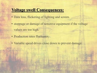 Voltage swell Consequences:
• Data loss, flickering of lighting and screen.
• stoppage or damage of sensitive equipment if the voltage
values are too high.
• Production rates fluctuates.
• Variable speed drives close down to prevent damage.
 