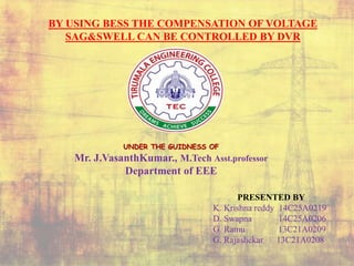 UNDER THE GUIDNESS OF
Mr. J.VasanthKumar., M.Tech Asst.professor
Department of EEE
BY USING BESS THE COMPENSATION OF VOLTAGE
SAG&SWELL CAN BE CONTROLLED BY DVR
PRESENTED BY
K. Krishna reddy 14C25A0219
D. Swapna 14C25A0206
G. Ramu 13C21A0209
G. Rajashekar 13C21A0208
 