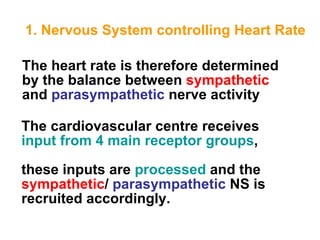 1. Nervous System controlling Heart Rate

The heart rate is therefore determined
by the balance between sympathetic
and parasympathetic nerve activity

The cardiovascular centre receives
input from 4 main receptor groups,

these inputs are processed and the
sympathetic/ parasympathetic NS is
recruited accordingly.
 