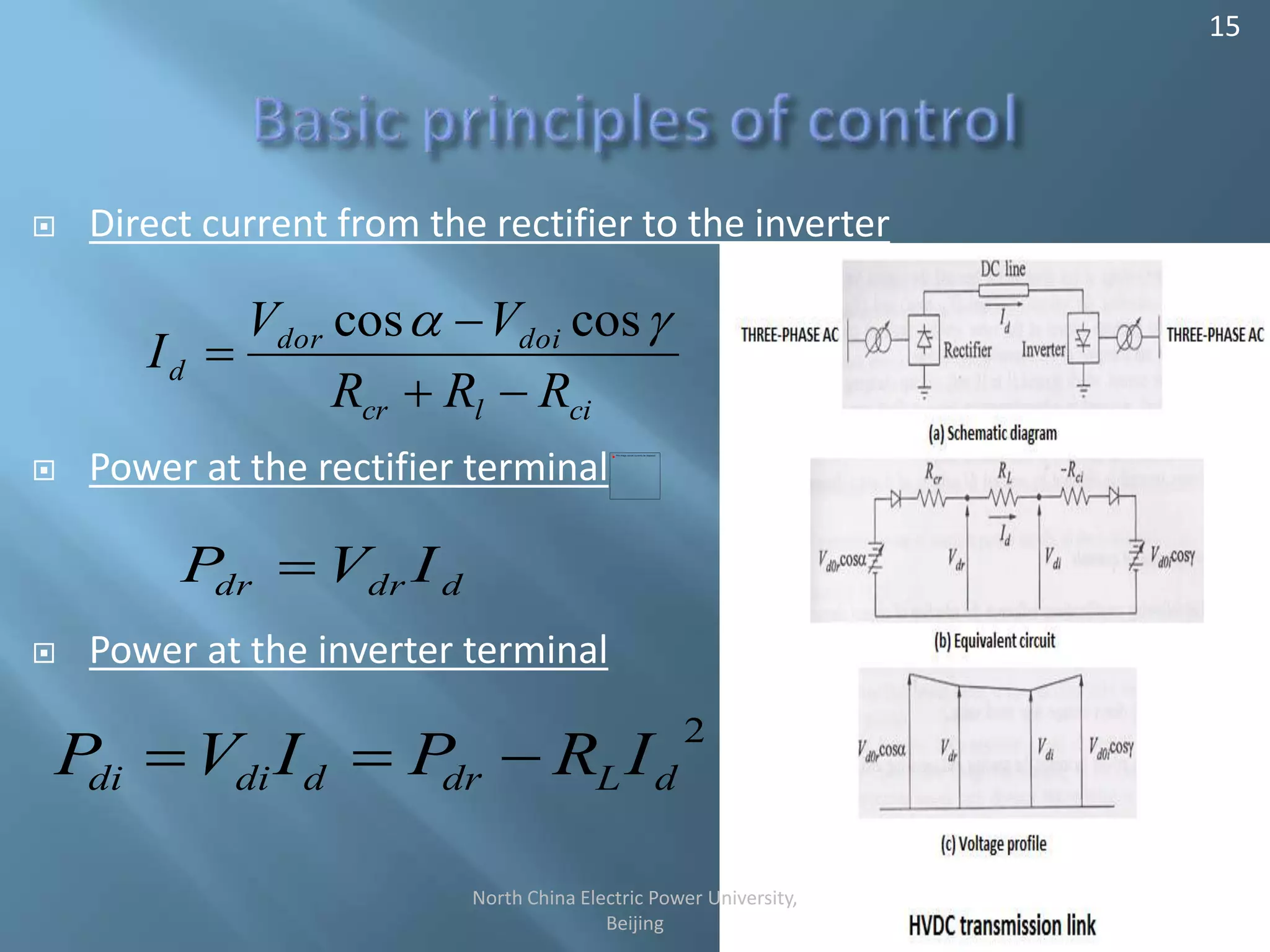  Direct current from the rectifier to the inverter
 Power at the rectifier terminal
 Power at the inverter terminal
cilcr
doidor
d
RRR
VV
I


=
a coscos
ddrdr IVP =
2
dLdrddidi IRPIVP ==
15
North China Electric Power University,
Beijing
 