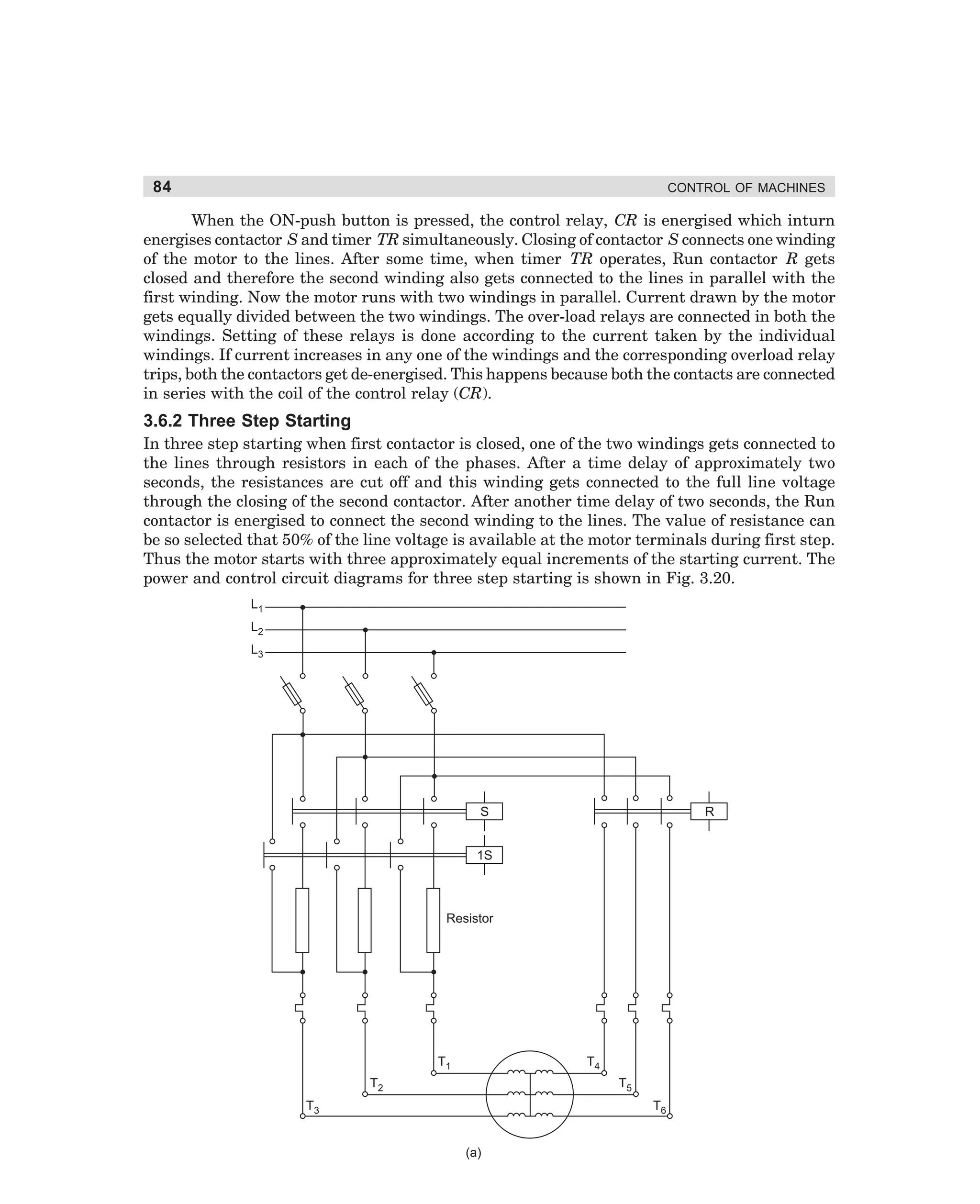 84

CONTROL OF MACHINES

When the ON-push button is pressed, the control relay, CR is energised which inturn
energises contactor S and timer TR simultaneously. Closing of contactor S connects one winding
of the motor to the lines. After some time, when timer TR operates, Run contactor R gets
closed and therefore the second winding also gets connected to the lines in parallel with the
first winding. Now the motor runs with two windings in parallel. Current drawn by the motor
gets equally divided between the two windings. The over-load relays are connected in both the
windings. Setting of these relays is done according to the current taken by the individual
windings. If current increases in any one of the windings and the corresponding overload relay
trips, both the contactors get de-energised. This happens because both the contacts are connected
in series with the coil of the control relay (CR).

3.6.2 Three Step Starting
In three step starting when first contactor is closed, one of the two windings gets connected to
the lines through resistors in each of the phases. After a time delay of approximately two
seconds, the resistances are cut off and this winding gets connected to the full line voltage
through the closing of the second contactor. After another time delay of two seconds, the Run
contactor is energised to connect the second winding to the lines. The value of resistance can
be so selected that 50% of the line voltage is available at the motor terminals during first step.
Thus the motor starts with three approximately equal increments of the starting current. The
power and control circuit diagrams for three step starting is shown in Fig. 3.20.
L1
L2
L3

S

R

1S

Resistor

T1

T4

T2

T5

T3

T6
(a)

dharm
d:N-MachMac3-1.pm5

84

 