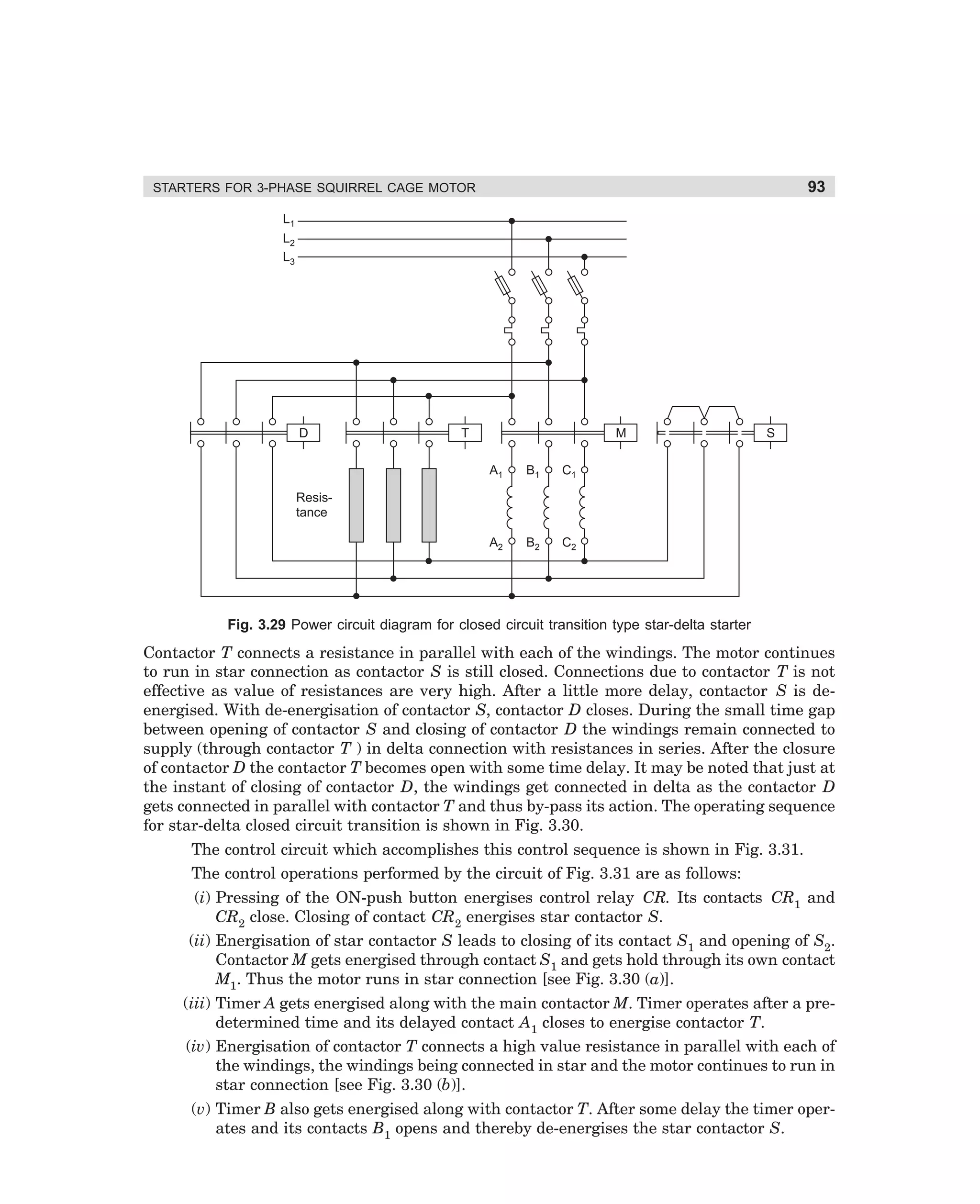 93

STARTERS FOR 3-PHASE SQUIRREL CAGE MOTOR
L1
L2
L3

D

T

M
A1

B1

C1

A2

B2

S

C2

Resistance

Fig. 3.29 Power circuit diagram for closed circuit transition type star-delta starter

Contactor T connects a resistance in parallel with each of the windings. The motor continues
to run in star connection as contactor S is still closed. Connections due to contactor T is not
effective as value of resistances are very high. After a little more delay, contactor S is deenergised. With de-energisation of contactor S, contactor D closes. During the small time gap
between opening of contactor S and closing of contactor D the windings remain connected to
supply (through contactor T ) in delta connection with resistances in series. After the closure
of contactor D the contactor T becomes open with some time delay. It may be noted that just at
the instant of closing of contactor D, the windings get connected in delta as the contactor D
gets connected in parallel with contactor T and thus by-pass its action. The operating sequence
for star-delta closed circuit transition is shown in Fig. 3.30.
The control circuit which accomplishes this control sequence is shown in Fig. 3.31.
The control operations performed by the circuit of Fig. 3.31 are as follows:
(i) Pressing of the ON-push button energises control relay CR. Its contacts CR1 and
CR2 close. Closing of contact CR2 energises star contactor S.
(ii) Energisation of star contactor S leads to closing of its contact S1 and opening of S2.
Contactor M gets energised through contact S1 and gets hold through its own contact
M1. Thus the motor runs in star connection [see Fig. 3.30 (a)].
(iii) Timer A gets energised along with the main contactor M. Timer operates after a predetermined time and its delayed contact A1 closes to energise contactor T.
(iv) Energisation of contactor T connects a high value resistance in parallel with each of
the windings, the windings being connected in star and the motor continues to run in
star connection [see Fig. 3.30 (b)].
(v) Timer B also gets energised along with contactor T. After some delay the timer operates and its contacts B1 opens and thereby de-energises the star contactor S.

dharm
d:N-MachMac3-2.pm5

93

 