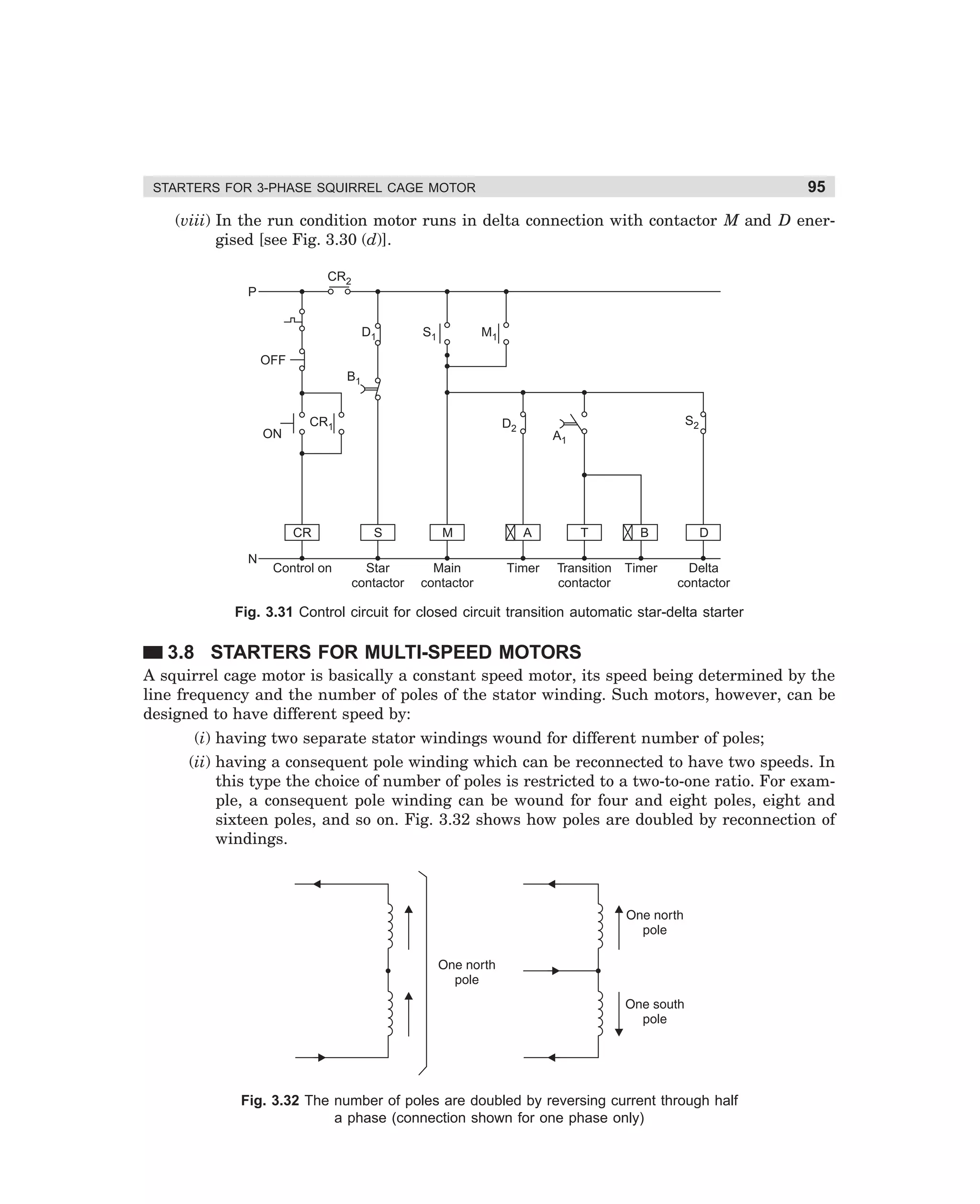 95

STARTERS FOR 3-PHASE SQUIRREL CAGE MOTOR

(viii) In the run condition motor runs in delta connection with contactor M and D energised [see Fig. 3.30 (d)].
CR2
P
D1

S1

M1

OFF
B1

ON

CR1

D2

CR
N

S

M

Control on

Star
contactor

Main
contactor

S2

A1

A
Timer

T

B

D

Transition
contactor

Timer

Delta
contactor

Fig. 3.31 Control circuit for closed circuit transition automatic star-delta starter

3.8 STARTERS FOR MULTI-SPEED MOTORS
A squirrel cage motor is basically a constant speed motor, its speed being determined by the
line frequency and the number of poles of the stator winding. Such motors, however, can be
designed to have different speed by:
(i) having two separate stator windings wound for different number of poles;
(ii) having a consequent pole winding which can be reconnected to have two speeds. In
this type the choice of number of poles is restricted to a two-to-one ratio. For example, a consequent pole winding can be wound for four and eight poles, eight and
sixteen poles, and so on. Fig. 3.32 shows how poles are doubled by reconnection of
windings.

Fig. 3.32 The number of poles are doubled by reversing current through half
a phase (connection shown for one phase only)

dharm
d:N-MachMac3-2.pm5

95

 