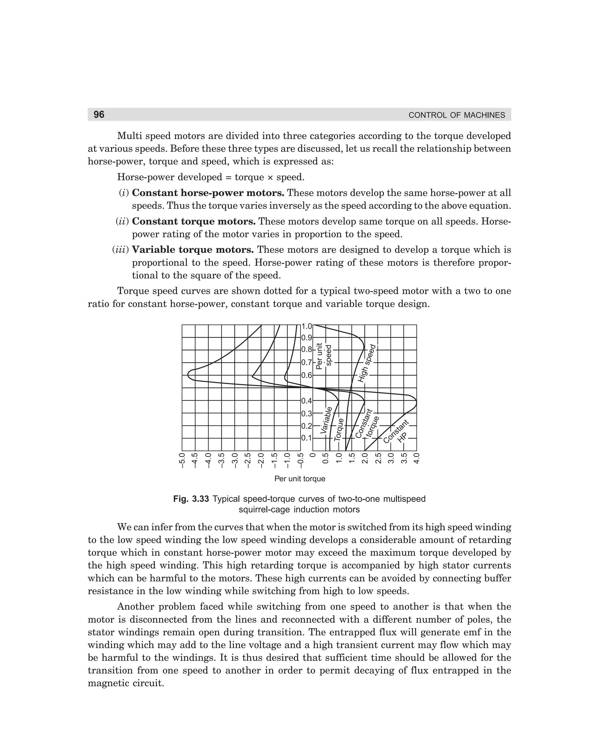 96

CONTROL OF MACHINES

Multi speed motors are divided into three categories according to the torque developed
at various speeds. Before these three types are discussed, let us recall the relationship between
horse-power, torque and speed, which is expressed as:
Horse-power developed = torque × speed.
(i) Constant horse-power motors. These motors develop the same horse-power at all
speeds. Thus the torque varies inversely as the speed according to the above equation.
(ii) Constant torque motors. These motors develop same torque on all speeds. Horsepower rating of the motor varies in proportion to the speed.
(iii) Variable torque motors. These motors are designed to develop a torque which is
proportional to the speed. Horse-power rating of these motors is therefore proportional to the square of the speed.

spe
ed

0.7

High

1.0
0.9
0.8

Per unit
speed

Torque speed curves are shown dotted for a typical two-speed motor with a two to one
ratio for constant horse-power, constant torque and variable torque design.

0.6

4.0

3.0

nt
ta
ns P
Co H
3.5

2.5

Co
ns
torq tant
ue
2.0

1.0

0

–0.5

–1.0

–2.0

–1.5

–2.5

–3.5

–3.0

–4.0

–5.0

–4.5

0.1

1.5

0.2

0.5

0.3

Varia
ble
Torque

0.4

Per unit torque

Fig. 3.33 Typical speed-torque curves of two-to-one multispeed
squirrel-cage induction motors

We can infer from the curves that when the motor is switched from its high speed winding
to the low speed winding the low speed winding develops a considerable amount of retarding
torque which in constant horse-power motor may exceed the maximum torque developed by
the high speed winding. This high retarding torque is accompanied by high stator currents
which can be harmful to the motors. These high currents can be avoided by connecting buffer
resistance in the low winding while switching from high to low speeds.
Another problem faced while switching from one speed to another is that when the
motor is disconnected from the lines and reconnected with a different number of poles, the
stator windings remain open during transition. The entrapped flux will generate emf in the
winding which may add to the line voltage and a high transient current may flow which may
be harmful to the windings. It is thus desired that sufficient time should be allowed for the
transition from one speed to another in order to permit decaying of flux entrapped in the
magnetic circuit.

dharm
d:N-MachMac3-2.pm5

96

 