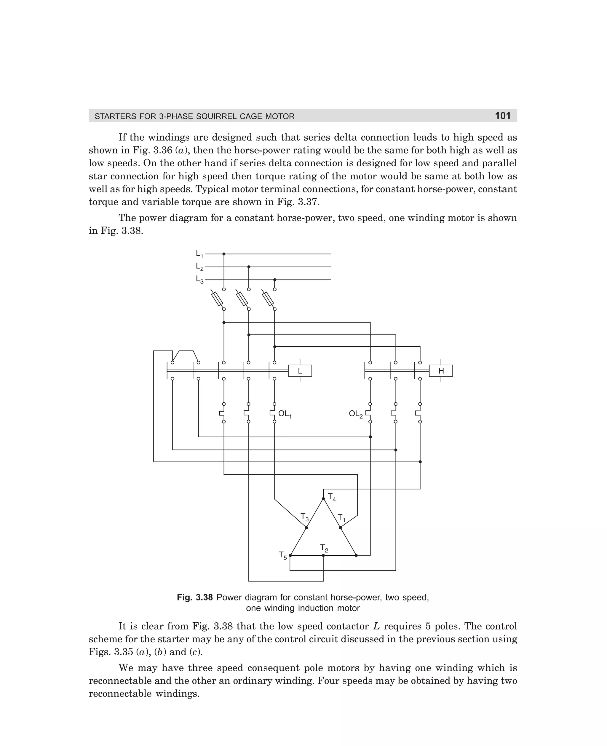 STARTERS FOR 3-PHASE SQUIRREL CAGE MOTOR

101

If the windings are designed such that series delta connection leads to high speed as
shown in Fig. 3.36 (a), then the horse-power rating would be the same for both high as well as
low speeds. On the other hand if series delta connection is designed for low speed and parallel
star connection for high speed then torque rating of the motor would be same at both low as
well as for high speeds. Typical motor terminal connections, for constant horse-power, constant
torque and variable torque are shown in Fig. 3.37.
The power diagram for a constant horse-power, two speed, one winding motor is shown
in Fig. 3.38.

Fig. 3.38 Power diagram for constant horse-power, two speed,
one winding induction motor

It is clear from Fig. 3.38 that the low speed contactor L requires 5 poles. The control
scheme for the starter may be any of the control circuit discussed in the previous section using
Figs. 3.35 (a), (b) and (c).
We may have three speed consequent pole motors by having one winding which is
reconnectable and the other an ordinary winding. Four speeds may be obtained by having two
reconnectable windings.

dharm
d:N-MachMac3-2.pm5

101

 
