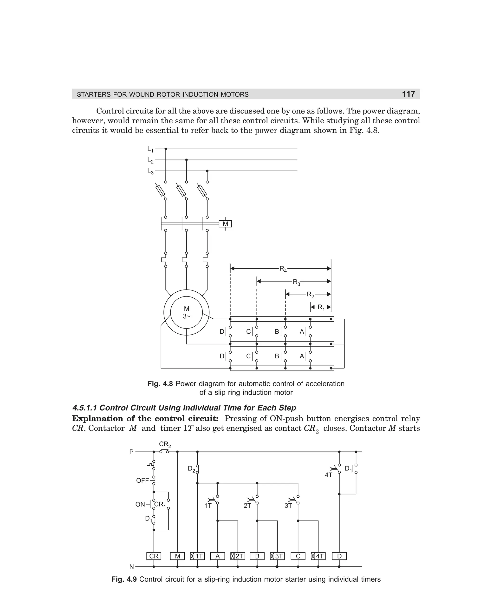 117

STARTERS FOR WOUND ROTOR INDUCTION MOTORS

Control circuits for all the above are discussed one by one as follows. The power diagram,
however, would remain the same for all these control circuits. While studying all these control
circuits it would be essential to refer back to the power diagram shown in Fig. 4.8.
L1
L2
L3

M

R4
R3
R2
R1

M
3~
D

C

B

A

D

C

B

A

Fig. 4.8 Power diagram for automatic control of acceleration
of a slip ring induction motor

4.5.1.1 Control Circuit Using Individual Time for Each Step
Explanation of the control circuit: Pressing of ON-push button energises control relay
CR. Contactor M and timer 1T also get energised as contact CR2 closes. Contactor M starts
CR2
P
D2
OFF

CR1

ON

D1

4T

1T

2T

3T

D1

CR

M

1T

A

2T

B

3T

C

4T

D

N

Fig. 4.9 Control circuit for a slip-ring induction motor starter using individual timers

dharm
d:N-MachMac4-1.pm5

117

 