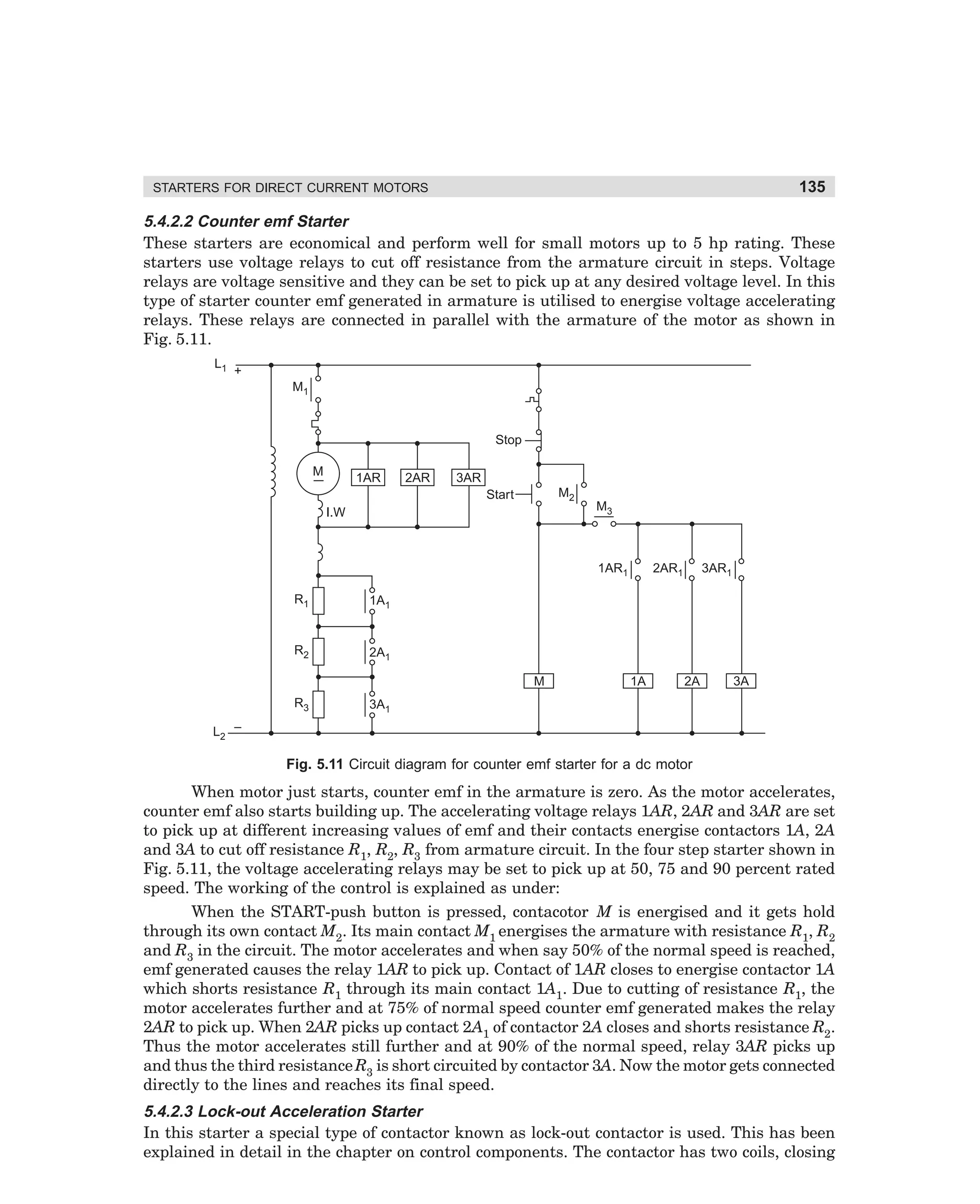 135

STARTERS FOR DIRECT CURRENT MOTORS

5.4.2.2 Counter emf Starter
These starters are economical and perform well for small motors up to 5 hp rating. These
starters use voltage relays to cut off resistance from the armature circuit in steps. Voltage
relays are voltage sensitive and they can be set to pick up at any desired voltage level. In this
type of starter counter emf generated in armature is utilised to energise voltage accelerating
relays. These relays are connected in parallel with the armature of the motor as shown in
Fig. 5.11.
L1

+
M1

Stop
M

1AR

2AR

3AR
M2

Start
I.W

M3

1AR1
R1

2A1

R3

3AR1

1A1

R2

2AR1

3A1

M

1A

2A

3A

L2 –

Fig. 5.11 Circuit diagram for counter emf starter for a dc motor

When motor just starts, counter emf in the armature is zero. As the motor accelerates,
counter emf also starts building up. The accelerating voltage relays 1AR, 2AR and 3AR are set
to pick up at different increasing values of emf and their contacts energise contactors 1A, 2A
and 3A to cut off resistance R1, R2, R3 from armature circuit. In the four step starter shown in
Fig. 5.11, the voltage accelerating relays may be set to pick up at 50, 75 and 90 percent rated
speed. The working of the control is explained as under:
When the START-push button is pressed, contacotor M is energised and it gets hold
through its own contact M2. Its main contact M1 energises the armature with resistance R1, R2
and R3 in the circuit. The motor accelerates and when say 50% of the normal speed is reached,
emf generated causes the relay 1AR to pick up. Contact of 1AR closes to energise contactor 1A
which shorts resistance R1 through its main contact 1A1. Due to cutting of resistance R1, the
motor accelerates further and at 75% of normal speed counter emf generated makes the relay
2AR to pick up. When 2AR picks up contact 2A1 of contactor 2A closes and shorts resistance R2.
Thus the motor accelerates still further and at 90% of the normal speed, relay 3AR picks up
and thus the third resistance R3 is short circuited by contactor 3A. Now the motor gets connected
directly to the lines and reaches its final speed.

5.4.2.3 Lock-out Acceleration Starter
In this starter a special type of contactor known as lock-out contactor is used. This has been
explained in detail in the chapter on control components. The contactor has two coils, closing

dharm
d:N-MachMac5-1.pm5

135

 
