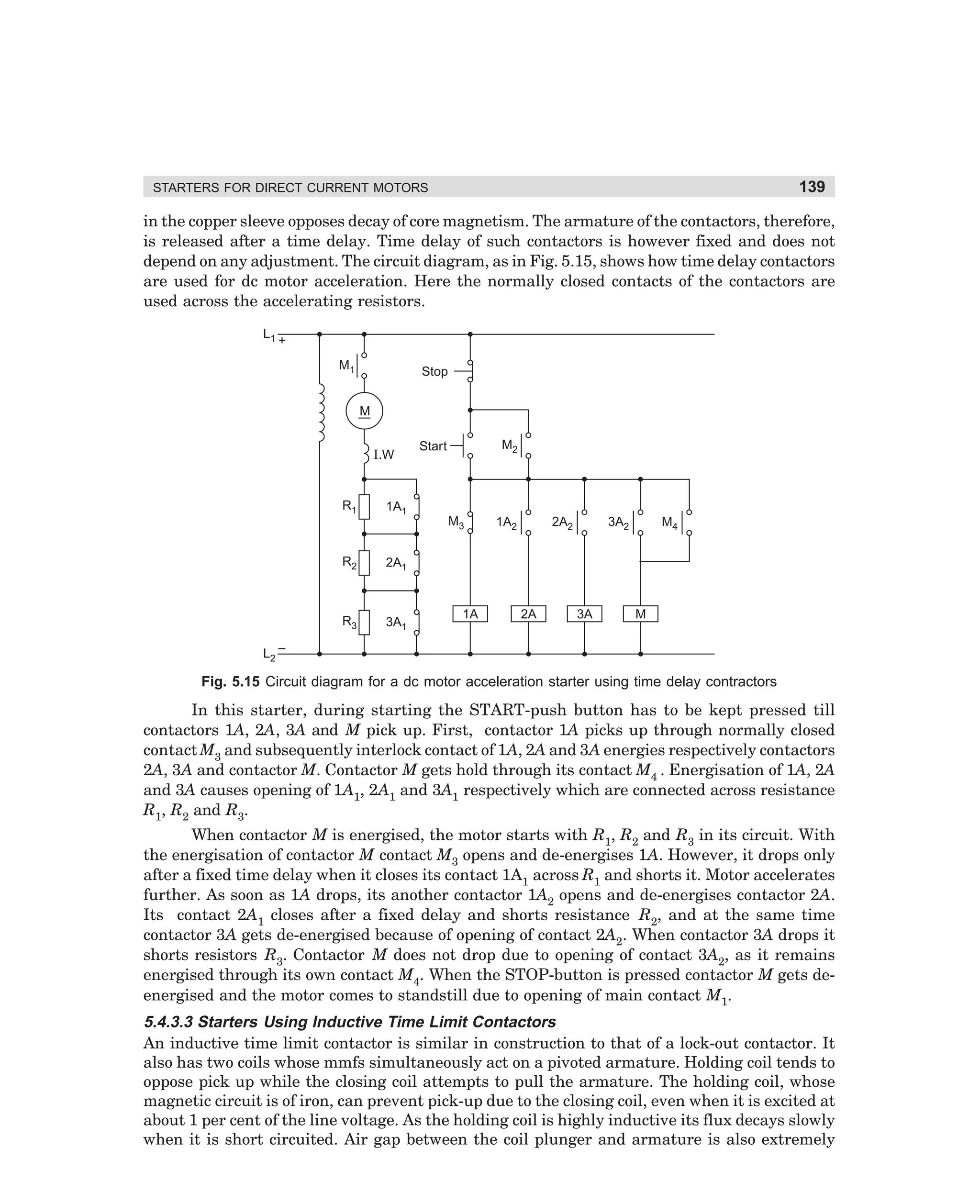 139

STARTERS FOR DIRECT CURRENT MOTORS

in the copper sleeve opposes decay of core magnetism. The armature of the contactors, therefore,
is released after a time delay. Time delay of such contactors is however fixed and does not
depend on any adjustment. The circuit diagram, as in Fig. 5.15, shows how time delay contactors
are used for dc motor acceleration. Here the normally closed contacts of the contactors are
used across the accelerating resistors.
L1

+
M1

Stop
M
I.W

R1

1A1

R2

3A1

M3

1A2

3A2

2A2

M4

2A1

R3

M2

Start

1A

2A

3A

M

L2 –

Fig. 5.15 Circuit diagram for a dc motor acceleration starter using time delay contractors

In this starter, during starting the START-push button has to be kept pressed till
contactors 1A, 2A, 3A and M pick up. First, contactor 1A picks up through normally closed
contact M3 and subsequently interlock contact of 1A, 2A and 3A energies respectively contactors
2A, 3A and contactor M. Contactor M gets hold through its contact M4 . Energisation of 1A, 2A
and 3A causes opening of 1A1, 2A1 and 3A1 respectively which are connected across resistance
R1, R2 and R3.
When contactor M is energised, the motor starts with R1, R2 and R3 in its circuit. With
the energisation of contactor M contact M3 opens and de-energises 1A. However, it drops only
after a fixed time delay when it closes its contact 1A1 across R1 and shorts it. Motor accelerates
further. As soon as 1A drops, its another contactor 1A2 opens and de-energises contactor 2A.
Its contact 2A1 closes after a fixed delay and shorts resistance R2, and at the same time
contactor 3A gets de-energised because of opening of contact 2A2. When contactor 3A drops it
shorts resistors R3. Contactor M does not drop due to opening of contact 3A2, as it remains
energised through its own contact M4. When the STOP-button is pressed contactor M gets deenergised and the motor comes to standstill due to opening of main contact M1.

5.4.3.3 Starters Using Inductive Time Limit Contactors
An inductive time limit contactor is similar in construction to that of a lock-out contactor. It
also has two coils whose mmfs simultaneously act on a pivoted armature. Holding coil tends to
oppose pick up while the closing coil attempts to pull the armature. The holding coil, whose
magnetic circuit is of iron, can prevent pick-up due to the closing coil, even when it is excited at
about 1 per cent of the line voltage. As the holding coil is highly inductive its flux decays slowly
when it is short circuited. Air gap between the coil plunger and armature is also extremely

dharm
d:N-MachMac5-1.pm5

139

 