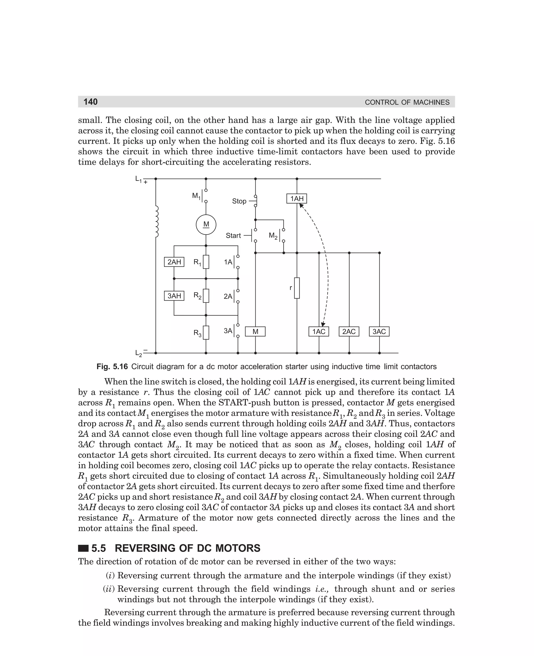 140

CONTROL OF MACHINES

small. The closing coil, on the other hand has a large air gap. With the line voltage applied
across it, the closing coil cannot cause the contactor to pick up when the holding coil is carrying
current. It picks up only when the holding coil is shorted and its flux decays to zero. Fig. 5.16
shows the circuit in which three inductive time-limit contactors have been used to provide
time delays for short-circuiting the accelerating resistors.
L1

+
M1

1AH

Stop
M
M2

Start

2AH

R1

1A

3AH

R2

2A

R3

3A

r

M

1AC

2AC

3AC

L2 –

Fig. 5.16 Circuit diagram for a dc motor acceleration starter using inductive time limit contactors

When the line switch is closed, the holding coil 1AH is energised, its current being limited
by a resistance r. Thus the closing coil of 1AC cannot pick up and therefore its contact 1A
across R1 remains open. When the START-push button is pressed, contactor M gets energised
and its contact M1 energises the motor armature with resistance R1, R2 and R3 in series. Voltage
drop across R1 and R2 also sends current through holding coils 2AH and 3AH. Thus, contactors
2A and 3A cannot close even though full line voltage appears across their closing coil 2AC and
3AC through contact M2. It may be noticed that as soon as M2 closes, holding coil 1AH of
contactor 1A gets short circuited. Its current decays to zero within a fixed time. When current
in holding coil becomes zero, closing coil 1AC picks up to operate the relay contacts. Resistance
R1 gets short circuited due to closing of contact 1A across R1. Simultaneously holding coil 2AH
of contactor 2A gets short circuited. Its current decays to zero after some fixed time and therfore
2AC picks up and short resistance R2 and coil 3AH by closing contact 2A. When current through
3AH decays to zero closing coil 3AC of contactor 3A picks up and closes its contact 3A and short
resistance R3. Armature of the motor now gets connected directly across the lines and the
motor attains the final speed.

5.5 REVERSING OF DC MOTORS
The direction of rotation of dc motor can be reversed in either of the two ways:
(i) Reversing current through the armature and the interpole windings (if they exist)
(ii) Reversing current through the field windings i.e., through shunt and or series
windings but not through the interpole windings (if they exist).
Reversing current through the armature is preferred because reversing current through
the field windings involves breaking and making highly inductive current of the field windings.

dharm
d:N-MachMac5-1.pm5

140

 