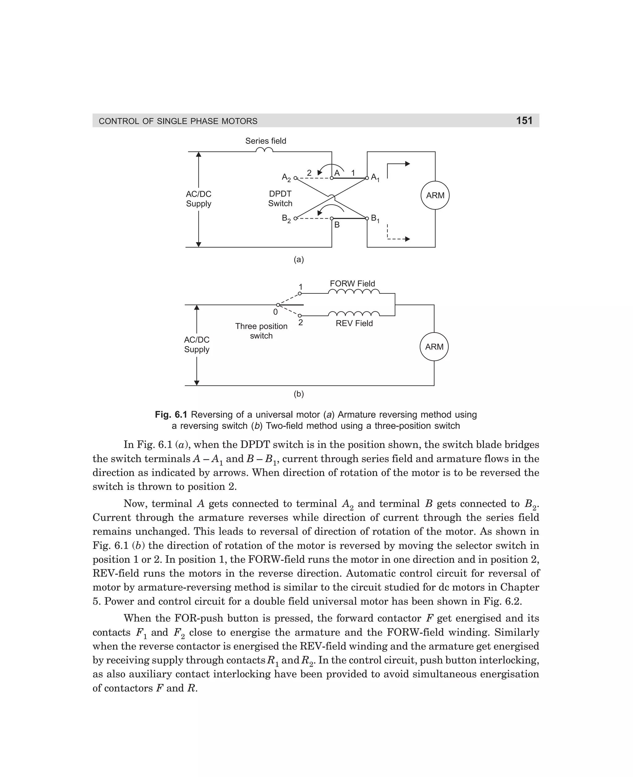 151

CONTROL OF SINGLE PHASE MOTORS
Series field

2

A2
AC/DC
Supply

A

1

A1

DPDT
Switch

ARM

B2

B

B1

(a)
1

FORW Field

2

REV Field

0
AC/DC
Supply

Three position
switch

ARM

(b)

Fig. 6.1 Reversing of a universal motor (a) Armature reversing method using
a reversing switch (b) Two-field method using a three-position switch

In Fig. 6.1 (a), when the DPDT switch is in the position shown, the switch blade bridges
the switch terminals A – A1 and B – B1, current through series field and armature flows in the
direction as indicated by arrows. When direction of rotation of the motor is to be reversed the
switch is thrown to position 2.
Now, terminal A gets connected to terminal A2 and terminal B gets connected to B2.
Current through the armature reverses while direction of current through the series field
remains unchanged. This leads to reversal of direction of rotation of the motor. As shown in
Fig. 6.1 (b) the direction of rotation of the motor is reversed by moving the selector switch in
position 1 or 2. In position 1, the FORW-field runs the motor in one direction and in position 2,
REV-field runs the motors in the reverse direction. Automatic control circuit for reversal of
motor by armature-reversing method is similar to the circuit studied for dc motors in Chapter
5. Power and control circuit for a double field universal motor has been shown in Fig. 6.2.
When the FOR-push button is pressed, the forward contactor F get energised and its
contacts F1 and F2 close to energise the armature and the FORW-field winding. Similarly
when the reverse contactor is energised the REV-field winding and the armature get energised
by receiving supply through contacts R1 and R2. In the control circuit, push button interlocking,
as also auxiliary contact interlocking have been provided to avoid simultaneous energisation
of contactors F and R.

dharm
d:N-MachMac6-1.pm5

151

 