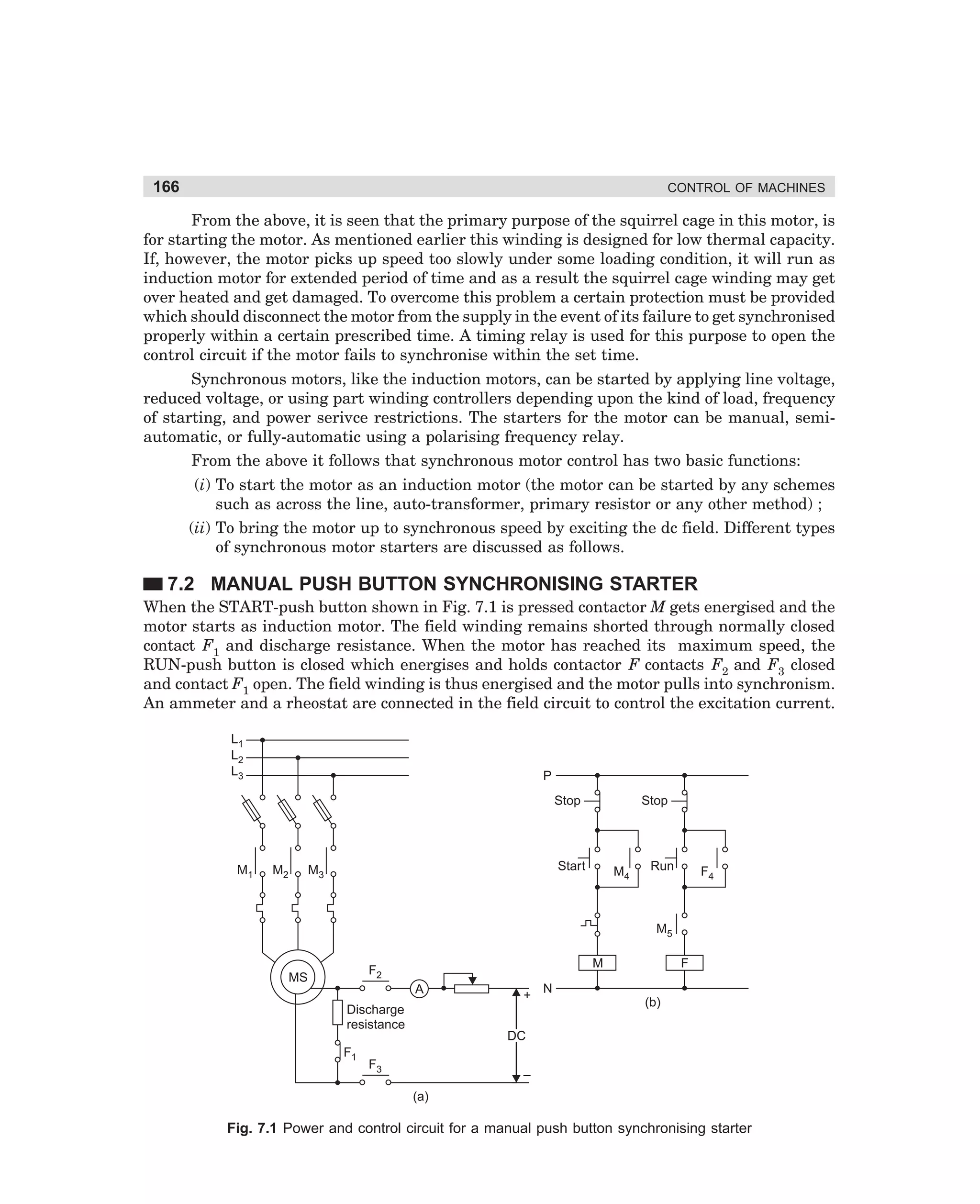 166

CONTROL OF MACHINES

From the above, it is seen that the primary purpose of the squirrel cage in this motor, is
for starting the motor. As mentioned earlier this winding is designed for low thermal capacity.
If, however, the motor picks up speed too slowly under some loading condition, it will run as
induction motor for extended period of time and as a result the squirrel cage winding may get
over heated and get damaged. To overcome this problem a certain protection must be provided
which should disconnect the motor from the supply in the event of its failure to get synchronised
properly within a certain prescribed time. A timing relay is used for this purpose to open the
control circuit if the motor fails to synchronise within the set time.
Synchronous motors, like the induction motors, can be started by applying line voltage,
reduced voltage, or using part winding controllers depending upon the kind of load, frequency
of starting, and power serivce restrictions. The starters for the motor can be manual, semiautomatic, or fully-automatic using a polarising frequency relay.
From the above it follows that synchronous motor control has two basic functions:
(i) To start the motor as an induction motor (the motor can be started by any schemes
such as across the line, auto-transformer, primary resistor or any other method) ;
(ii) To bring the motor up to synchronous speed by exciting the dc field. Different types
of synchronous motor starters are discussed as follows.

7.2 MANUAL PUSH BUTTON SYNCHRONISING STARTER
When the START-push button shown in Fig. 7.1 is pressed contactor M gets energised and the
motor starts as induction motor. The field winding remains shorted through normally closed
contact F1 and discharge resistance. When the motor has reached its maximum speed, the
RUN-push button is closed which energises and holds contactor F contacts F2 and F3 closed
and contact F1 open. The field winding is thus energised and the motor pulls into synchronism.
An ammeter and a rheostat are connected in the field circuit to control the excitation current.
L1
L2
L3

P
Stop

M1

M2

Stop

Start

M3

M4

Run

F4

M5
M

F2

MS

A
Discharge
resistance
F1

+

F

N
(b)

DC

F3

–
(a)

Fig. 7.1 Power and control circuit for a manual push button synchronising starter

dharm
d:N-MachMac7-1.pm5

166

 