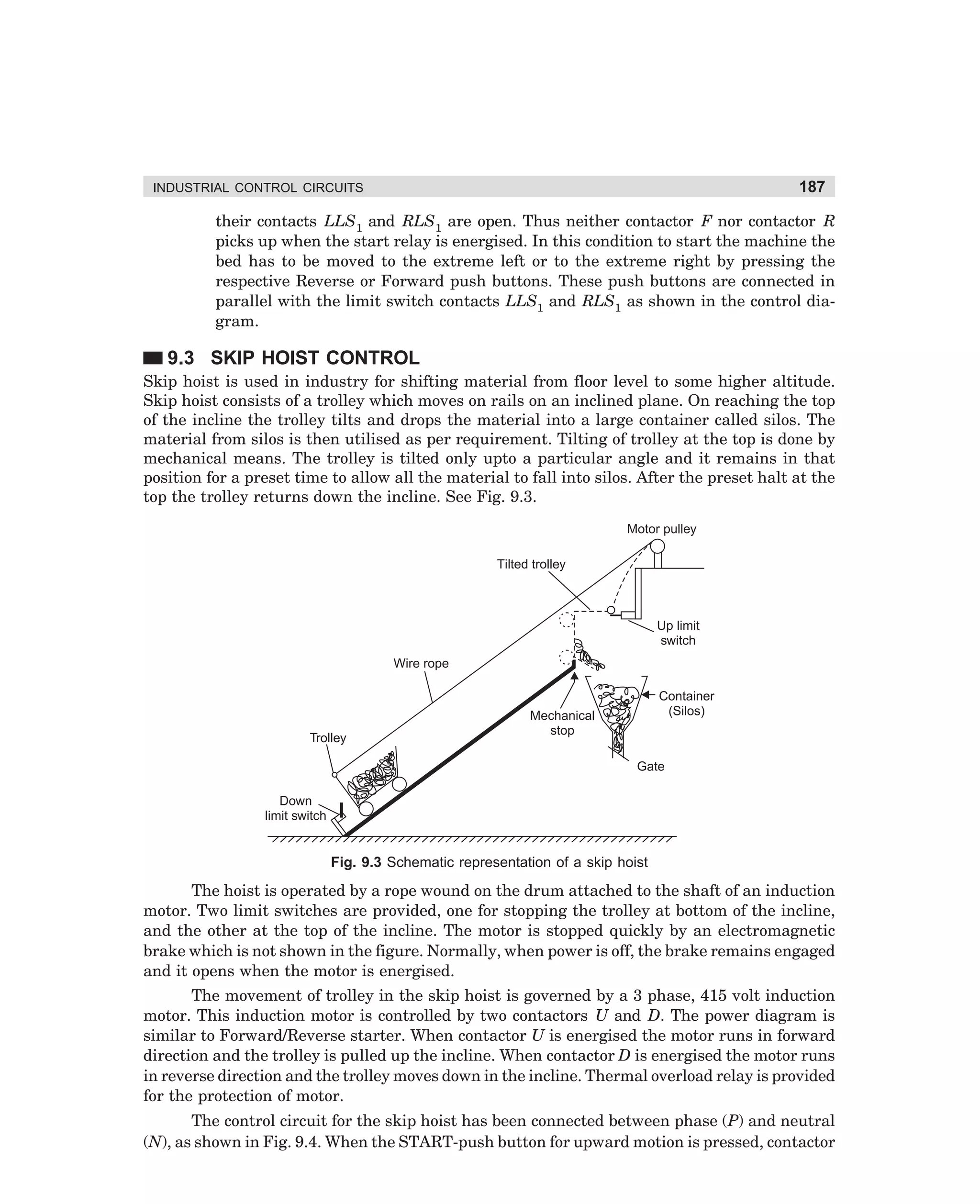 187

INDUSTRIAL CONTROL CIRCUITS

their contacts LLS1 and RLS1 are open. Thus neither contactor F nor contactor R
picks up when the start relay is energised. In this condition to start the machine the
bed has to be moved to the extreme left or to the extreme right by pressing the
respective Reverse or Forward push buttons. These push buttons are connected in
parallel with the limit switch contacts LLS1 and RLS1 as shown in the control diagram.

9.3 SKIP HOIST CONTROL
Skip hoist is used in industry for shifting material from floor level to some higher altitude.
Skip hoist consists of a trolley which moves on rails on an inclined plane. On reaching the top
of the incline the trolley tilts and drops the material into a large container called silos. The
material from silos is then utilised as per requirement. Tilting of trolley at the top is done by
mechanical means. The trolley is tilted only upto a particular angle and it remains in that
position for a preset time to allow all the material to fall into silos. After the preset halt at the
top the trolley returns down the incline. See Fig. 9.3.
Motor pulley
Tilted trolley

Up limit
switch
Wire rope

Trolley

Container
(Silos)

Mechanical
stop

Gate
Down
limit switch

Fig. 9.3 Schematic representation of a skip hoist

The hoist is operated by a rope wound on the drum attached to the shaft of an induction
motor. Two limit switches are provided, one for stopping the trolley at bottom of the incline,
and the other at the top of the incline. The motor is stopped quickly by an electromagnetic
brake which is not shown in the figure. Normally, when power is off, the brake remains engaged
and it opens when the motor is energised.
The movement of trolley in the skip hoist is governed by a 3 phase, 415 volt induction
motor. This induction motor is controlled by two contactors U and D. The power diagram is
similar to Forward/Reverse starter. When contactor U is energised the motor runs in forward
direction and the trolley is pulled up the incline. When contactor D is energised the motor runs
in reverse direction and the trolley moves down in the incline. Thermal overload relay is provided
for the protection of motor.
The control circuit for the skip hoist has been connected between phase (P) and neutral
(N), as shown in Fig. 9.4. When the START-push button for upward motion is pressed, contactor

dharm
d:N-MachMac9-1.pm5

187

 