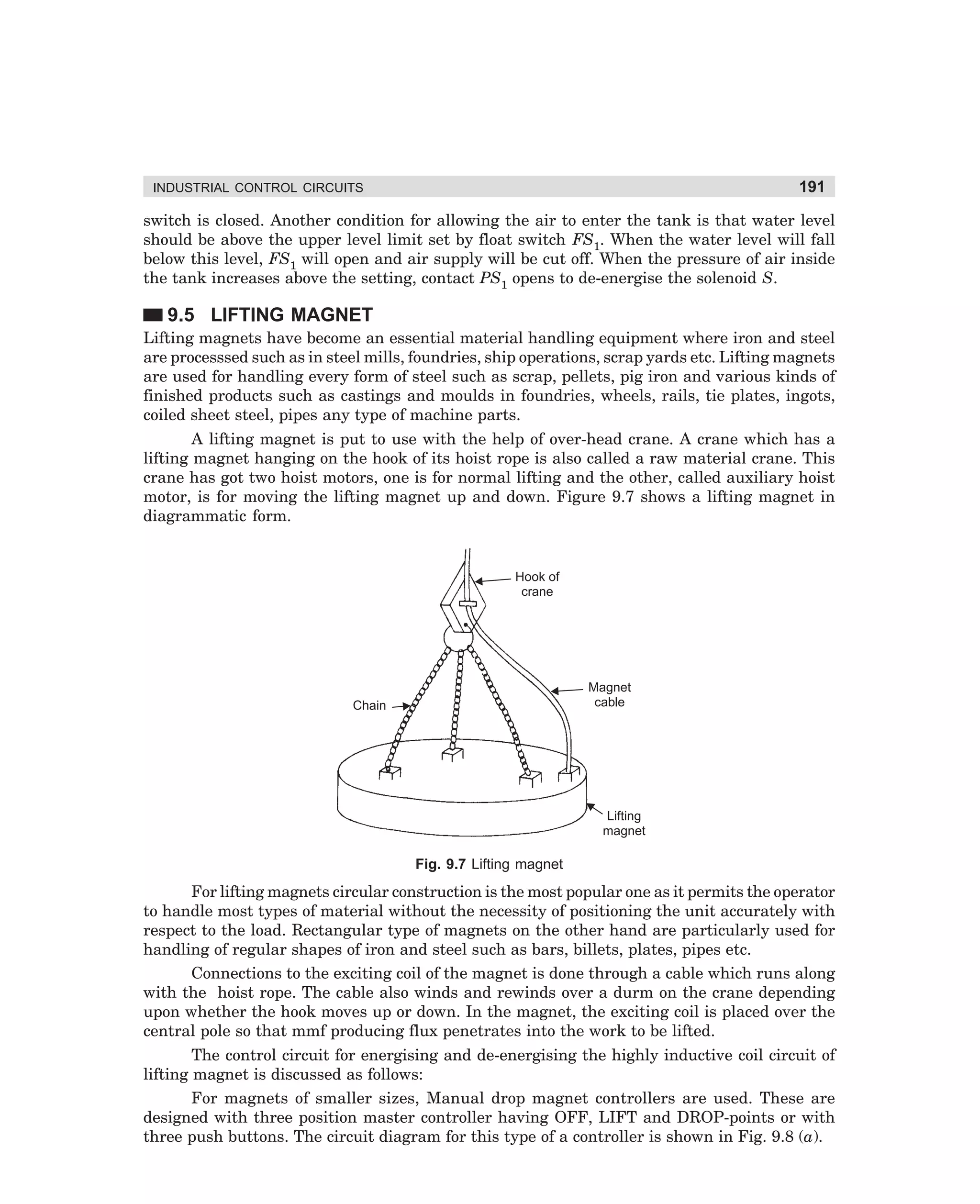 191

INDUSTRIAL CONTROL CIRCUITS

switch is closed. Another condition for allowing the air to enter the tank is that water level
should be above the upper level limit set by float switch FS1. When the water level will fall
below this level, FS1 will open and air supply will be cut off. When the pressure of air inside
the tank increases above the setting, contact PS1 opens to de-energise the solenoid S.

9.5 LIFTING MAGNET
Lifting magnets have become an essential material handling equipment where iron and steel
are processsed such as in steel mills, foundries, ship operations, scrap yards etc. Lifting magnets
are used for handling every form of steel such as scrap, pellets, pig iron and various kinds of
finished products such as castings and moulds in foundries, wheels, rails, tie plates, ingots,
coiled sheet steel, pipes any type of machine parts.
A lifting magnet is put to use with the help of over-head crane. A crane which has a
lifting magnet hanging on the hook of its hoist rope is also called a raw material crane. This
crane has got two hoist motors, one is for normal lifting and the other, called auxiliary hoist
motor, is for moving the lifting magnet up and down. Figure 9.7 shows a lifting magnet in
diagrammatic form.

Hook of
crane

Magnet
cable

Chain

Lifting
magnet

Fig. 9.7 Lifting magnet

For lifting magnets circular construction is the most popular one as it permits the operator
to handle most types of material without the necessity of positioning the unit accurately with
respect to the load. Rectangular type of magnets on the other hand are particularly used for
handling of regular shapes of iron and steel such as bars, billets, plates, pipes etc.
Connections to the exciting coil of the magnet is done through a cable which runs along
with the hoist rope. The cable also winds and rewinds over a durm on the crane depending
upon whether the hook moves up or down. In the magnet, the exciting coil is placed over the
central pole so that mmf producing flux penetrates into the work to be lifted.
The control circuit for energising and de-energising the highly inductive coil circuit of
lifting magnet is discussed as follows:
For magnets of smaller sizes, Manual drop magnet controllers are used. These are
designed with three position master controller having OFF, LIFT and DROP-points or with
three push buttons. The circuit diagram for this type of a controller is shown in Fig. 9.8 (a).

dharm
d:N-MachMac9-1.pm5

191

 
