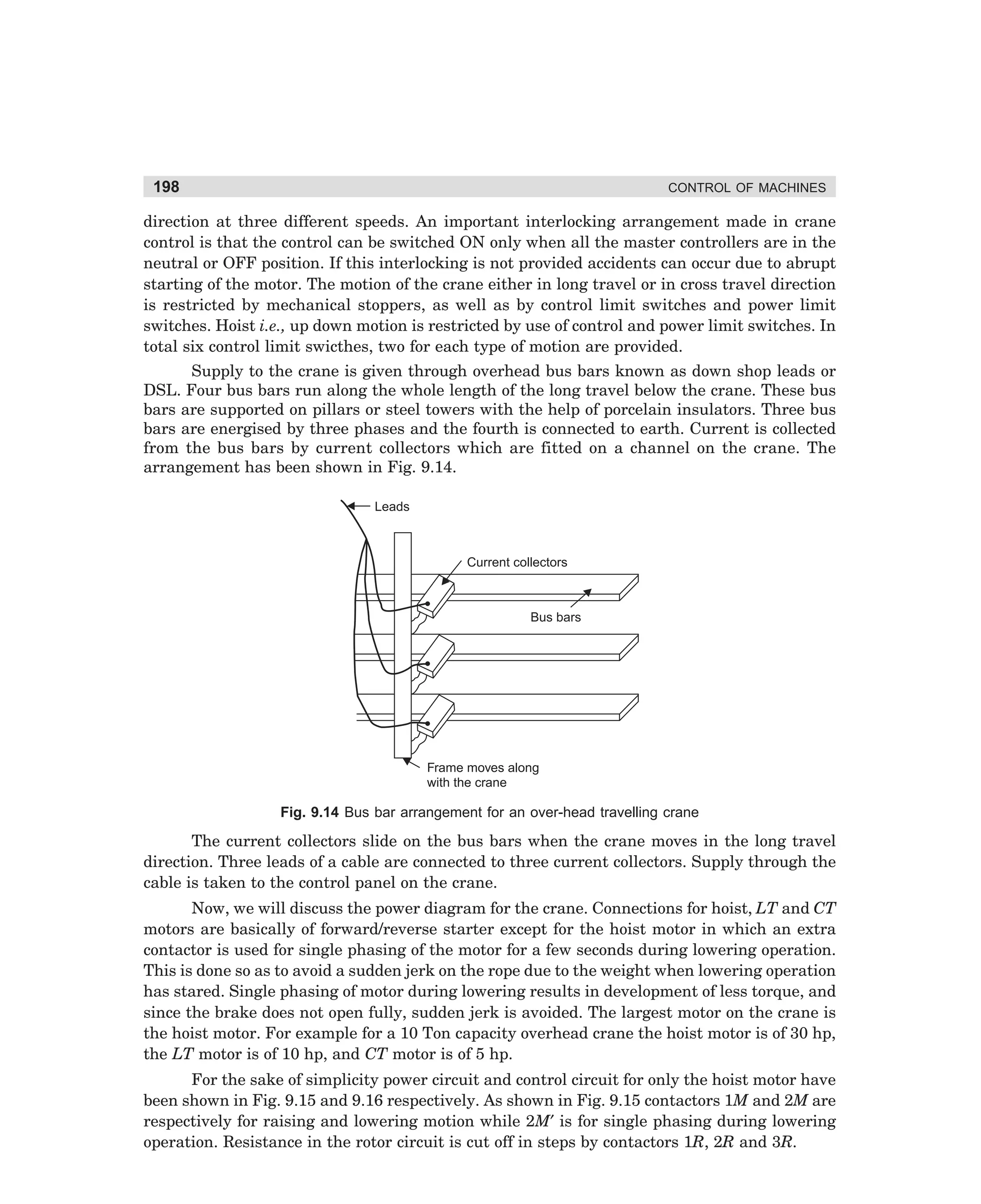 198

CONTROL OF MACHINES

direction at three different speeds. An important interlocking arrangement made in crane
control is that the control can be switched ON only when all the master controllers are in the
neutral or OFF position. If this interlocking is not provided accidents can occur due to abrupt
starting of the motor. The motion of the crane either in long travel or in cross travel direction
is restricted by mechanical stoppers, as well as by control limit switches and power limit
switches. Hoist i.e., up down motion is restricted by use of control and power limit switches. In
total six control limit swicthes, two for each type of motion are provided.
Supply to the crane is given through overhead bus bars known as down shop leads or
DSL. Four bus bars run along the whole length of the long travel below the crane. These bus
bars are supported on pillars or steel towers with the help of porcelain insulators. Three bus
bars are energised by three phases and the fourth is connected to earth. Current is collected
from the bus bars by current collectors which are fitted on a channel on the crane. The
arrangement has been shown in Fig. 9.14.
Leads

Current collectors

Bus bars

Frame moves along
with the crane

Fig. 9.14 Bus bar arrangement for an over-head travelling crane

The current collectors slide on the bus bars when the crane moves in the long travel
direction. Three leads of a cable are connected to three current collectors. Supply through the
cable is taken to the control panel on the crane.
Now, we will discuss the power diagram for the crane. Connections for hoist, LT and CT
motors are basically of forward/reverse starter except for the hoist motor in which an extra
contactor is used for single phasing of the motor for a few seconds during lowering operation.
This is done so as to avoid a sudden jerk on the rope due to the weight when lowering operation
has stared. Single phasing of motor during lowering results in development of less torque, and
since the brake does not open fully, sudden jerk is avoided. The largest motor on the crane is
the hoist motor. For example for a 10 Ton capacity overhead crane the hoist motor is of 30 hp,
the LT motor is of 10 hp, and CT motor is of 5 hp.
For the sake of simplicity power circuit and control circuit for only the hoist motor have
been shown in Fig. 9.15 and 9.16 respectively. As shown in Fig. 9.15 contactors 1M and 2M are
respectively for raising and lowering motion while 2M′ is for single phasing during lowering
operation. Resistance in the rotor circuit is cut off in steps by contactors 1R, 2R and 3R.

dharm
d:N-MachMac9-1.pm5

198

 