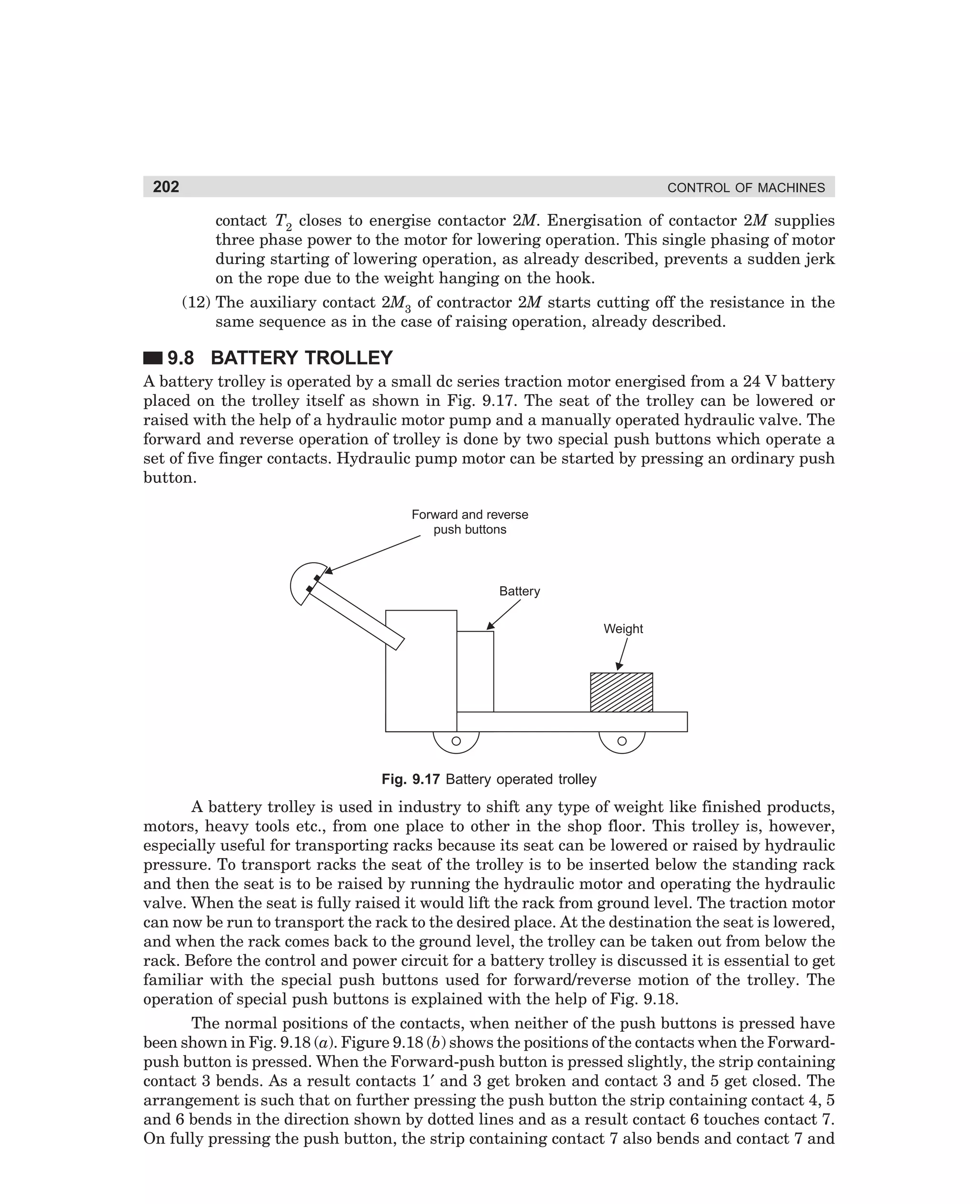 202

CONTROL OF MACHINES

contact T2 closes to energise contactor 2M. Energisation of contactor 2M supplies
three phase power to the motor for lowering operation. This single phasing of motor
during starting of lowering operation, as already described, prevents a sudden jerk
on the rope due to the weight hanging on the hook.
(12) The auxiliary contact 2M3 of contractor 2M starts cutting off the resistance in the
same sequence as in the case of raising operation, already described.

9.8 BATTERY TROLLEY
A battery trolley is operated by a small dc series traction motor energised from a 24 V battery
placed on the trolley itself as shown in Fig. 9.17. The seat of the trolley can be lowered or
raised with the help of a hydraulic motor pump and a manually operated hydraulic valve. The
forward and reverse operation of trolley is done by two special push buttons which operate a
set of five finger contacts. Hydraulic pump motor can be started by pressing an ordinary push
button.
Forward and reverse
push buttons

Battery
Weight

Fig. 9.17 Battery operated trolley

A battery trolley is used in industry to shift any type of weight like finished products,
motors, heavy tools etc., from one place to other in the shop floor. This trolley is, however,
especially useful for transporting racks because its seat can be lowered or raised by hydraulic
pressure. To transport racks the seat of the trolley is to be inserted below the standing rack
and then the seat is to be raised by running the hydraulic motor and operating the hydraulic
valve. When the seat is fully raised it would lift the rack from ground level. The traction motor
can now be run to transport the rack to the desired place. At the destination the seat is lowered,
and when the rack comes back to the ground level, the trolley can be taken out from below the
rack. Before the control and power circuit for a battery trolley is discussed it is essential to get
familiar with the special push buttons used for forward/reverse motion of the trolley. The
operation of special push buttons is explained with the help of Fig. 9.18.
The normal positions of the contacts, when neither of the push buttons is pressed have
been shown in Fig. 9.18 (a). Figure 9.18 (b) shows the positions of the contacts when the Forwardpush button is pressed. When the Forward-push button is pressed slightly, the strip containing
contact 3 bends. As a result contacts 1′ and 3 get broken and contact 3 and 5 get closed. The
arrangement is such that on further pressing the push button the strip containing contact 4, 5
and 6 bends in the direction shown by dotted lines and as a result contact 6 touches contact 7.
On fully pressing the push button, the strip containing contact 7 also bends and contact 7 and

dharm
d:N-MachMac9-1.pm5

202

 