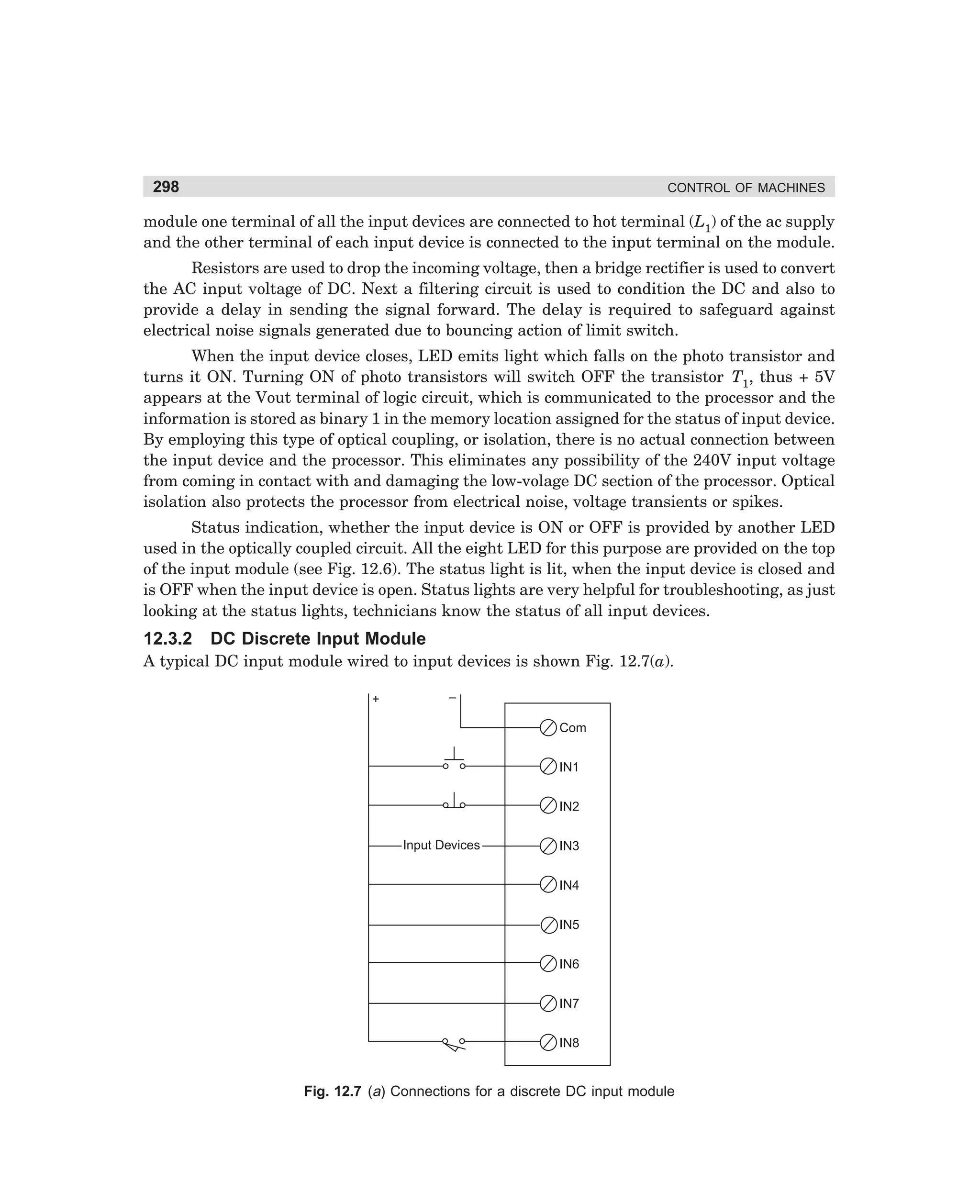 298

CONTROL OF MACHINES

module one terminal of all the input devices are connected to hot terminal (L1) of the ac supply
and the other terminal of each input device is connected to the input terminal on the module.
Resistors are used to drop the incoming voltage, then a bridge rectifier is used to convert
the AC input voltage of DC. Next a filtering circuit is used to condition the DC and also to
provide a delay in sending the signal forward. The delay is required to safeguard against
electrical noise signals generated due to bouncing action of limit switch.
When the input device closes, LED emits light which falls on the photo transistor and
turns it ON. Turning ON of photo transistors will switch OFF the transistor T1, thus + 5V
appears at the Vout terminal of logic circuit, which is communicated to the processor and the
information is stored as binary 1 in the memory location assigned for the status of input device.
By employing this type of optical coupling, or isolation, there is no actual connection between
the input device and the processor. This eliminates any possibility of the 240V input voltage
from coming in contact with and damaging the low-volage DC section of the processor. Optical
isolation also protects the processor from electrical noise, voltage transients or spikes.
Status indication, whether the input device is ON or OFF is provided by another LED
used in the optically coupled circuit. All the eight LED for this purpose are provided on the top
of the input module (see Fig. 12.6). The status light is lit, when the input device is closed and
is OFF when the input device is open. Status lights are very helpful for troubleshooting, as just
looking at the status lights, technicians know the status of all input devices.

12.3.2

DC Discrete Input Module

A typical DC input module wired to input devices is shown Fig. 12.7(a).
+

–
Com
IN1
IN2
Input Devices

IN3
IN4
IN5
IN6
IN7
IN8

Fig. 12.7 (a) Connections for a discrete DC input module

dharm
d:N-MachMac12-1.pm5

298

 