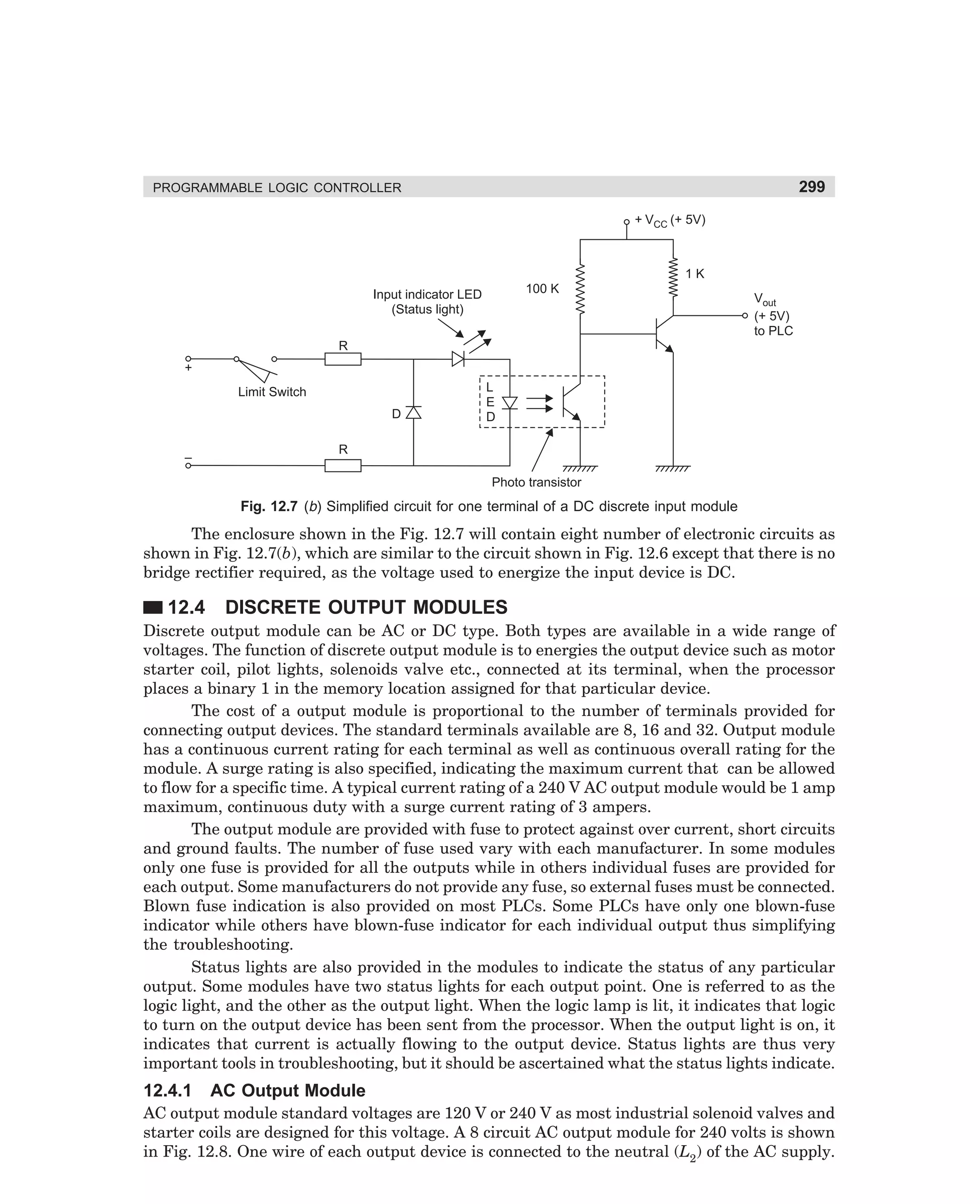 299

PROGRAMMABLE LOGIC CONTROLLER

+ VCC (+ 5V)

1 KW
100 KW

Input indicator LED
(Status light)

Vout
(+ 5V)
to PLC

R
+
Limit Switch
D

L
E
D

R

–

Photo transistor

Fig. 12.7 (b) Simplified circuit for one terminal of a DC discrete input module

The enclosure shown in the Fig. 12.7 will contain eight number of electronic circuits as
shown in Fig. 12.7(b), which are similar to the circuit shown in Fig. 12.6 except that there is no
bridge rectifier required, as the voltage used to energize the input device is DC.

12.4

DISCRETE OUTPUT MODULES

Discrete output module can be AC or DC type. Both types are available in a wide range of
voltages. The function of discrete output module is to energies the output device such as motor
starter coil, pilot lights, solenoids valve etc., connected at its terminal, when the processor
places a binary 1 in the memory location assigned for that particular device.
The cost of a output module is proportional to the number of terminals provided for
connecting output devices. The standard terminals available are 8, 16 and 32. Output module
has a continuous current rating for each terminal as well as continuous overall rating for the
module. A surge rating is also specified, indicating the maximum current that can be allowed
to flow for a specific time. A typical current rating of a 240 V AC output module would be 1 amp
maximum, continuous duty with a surge current rating of 3 ampers.
The output module are provided with fuse to protect against over current, short circuits
and ground faults. The number of fuse used vary with each manufacturer. In some modules
only one fuse is provided for all the outputs while in others individual fuses are provided for
each output. Some manufacturers do not provide any fuse, so external fuses must be connected.
Blown fuse indication is also provided on most PLCs. Some PLCs have only one blown-fuse
indicator while others have blown-fuse indicator for each individual output thus simplifying
the troubleshooting.
Status lights are also provided in the modules to indicate the status of any particular
output. Some modules have two status lights for each output point. One is referred to as the
logic light, and the other as the output light. When the logic lamp is lit, it indicates that logic
to turn on the output device has been sent from the processor. When the output light is on, it
indicates that current is actually flowing to the output device. Status lights are thus very
important tools in troubleshooting, but it should be ascertained what the status lights indicate.

12.4.1

AC Output Module

AC output module standard voltages are 120 V or 240 V as most industrial solenoid valves and
starter coils are designed for this voltage. A 8 circuit AC output module for 240 volts is shown
in Fig. 12.8. One wire of each output device is connected to the neutral (L2) of the AC supply.

dharm
d:N-MachMac12-1.pm5

299

 