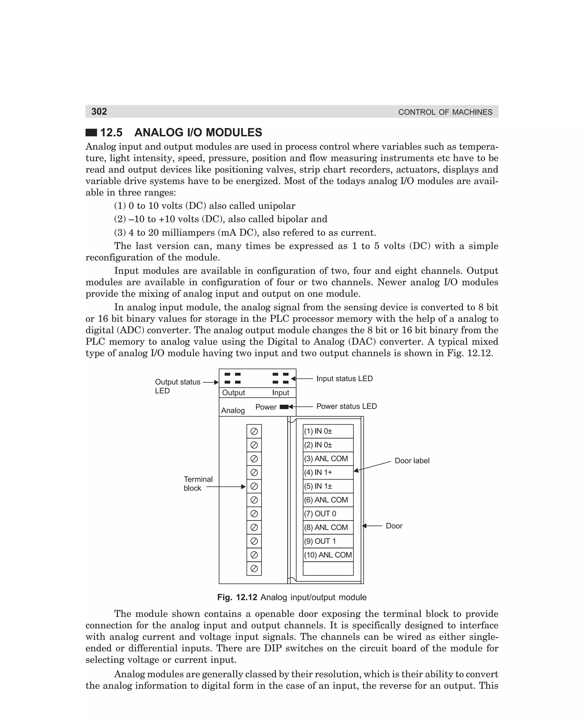 302

12.5

CONTROL OF MACHINES

ANALOG I/O MODULES

Analog input and output modules are used in process control where variables such as temperature, light intensity, speed, pressure, position and flow measuring instruments etc have to be
read and output devices like positioning valves, strip chart recorders, actuators, displays and
variable drive systems have to be energized. Most of the todays analog I/O modules are available in three ranges:
(1) 0 to 10 volts (DC) also called unipolar
(2) –10 to +10 volts (DC), also called bipolar and
(3) 4 to 20 milliampers (mA DC), also refered to as current.
The last version can, many times be expressed as 1 to 5 volts (DC) with a simple
reconfiguration of the module.
Input modules are available in configuration of two, four and eight channels. Output
modules are available in configuration of four or two channels. Newer analog I/O modules
provide the mixing of analog input and output on one module.
In analog input module, the analog signal from the sensing device is converted to 8 bit
or 16 bit binary values for storage in the PLC processor memory with the help of a analog to
digital (ADC) converter. The analog output module changes the 8 bit or 16 bit binary from the
PLC memory to analog value using the Digital to Analog (DAC) converter. A typical mixed
type of analog I/O module having two input and two output channels is shown in Fig. 12.12.
Output status
LED

Input status LED
Output
Analog

Input
Power

Power status LED
(1) IN 0±
(2) IN 0±
(3) ANL COM

Terminal
block

Door label

(4) IN 1+
(5) IN 1±
(6) ANL COM
(7) OUT 0
(8) ANL COM

Door

(9) OUT 1
(10) ANL COM

Fig. 12.12 Analog input/output module

The module shown contains a openable door exposing the terminal block to provide
connection for the analog input and output channels. It is specifically designed to interface
with analog current and voltage input signals. The channels can be wired as either singleended or differential inputs. There are DIP switches on the circuit board of the module for
selecting voltage or current input.
Analog modules are generally classed by their resolution, which is their ability to convert
the analog information to digital form in the case of an input, the reverse for an output. This

dharm
d:N-MachMac12-1.pm5

302

 