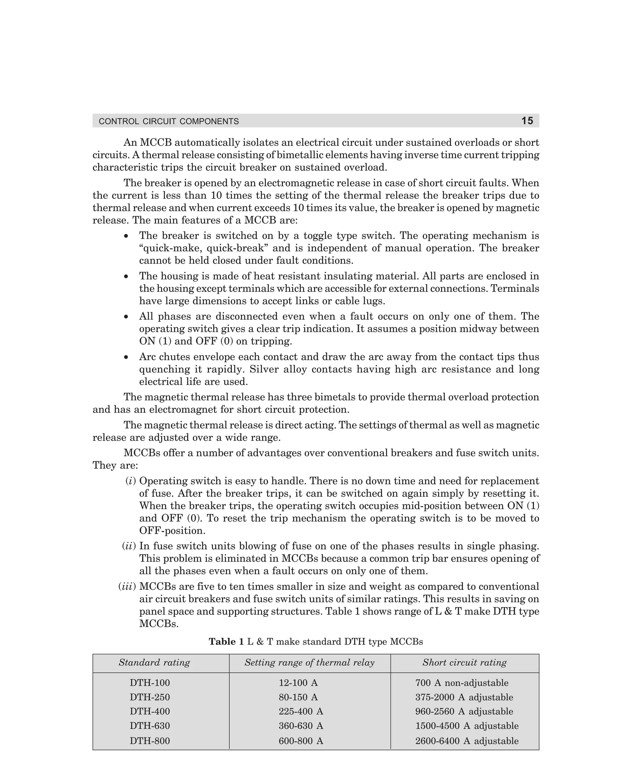 15

CONTROL CIRCUIT COMPONENTS

An MCCB automatically isolates an electrical circuit under sustained overloads or short
circuits. A thermal release consisting of bimetallic elements having inverse time current tripping
characteristic trips the circuit breaker on sustained overload.
The breaker is opened by an electromagnetic release in case of short circuit faults. When
the current is less than 10 times the setting of the thermal release the breaker trips due to
thermal release and when current exceeds 10 times its value, the breaker is opened by magnetic
release. The main features of a MCCB are:
• The breaker is switched on by a toggle type switch. The operating mechanism is
“quick-make, quick-break” and is independent of manual operation. The breaker
cannot be held closed under fault conditions.
•

•

The housing is made of heat resistant insulating material. All parts are enclosed in
the housing except terminals which are accessible for external connections. Terminals
have large dimensions to accept links or cable lugs.
All phases are disconnected even when a fault occurs on only one of them. The
operating switch gives a clear trip indication. It assumes a position midway between
ON (1) and OFF (0) on tripping.

Arc chutes envelope each contact and draw the arc away from the contact tips thus
quenching it rapidly. Silver alloy contacts having high arc resistance and long
electrical life are used.
The magnetic thermal release has three bimetals to provide thermal overload protection
and has an electromagnet for short circuit protection.
•

The magnetic thermal release is direct acting. The settings of thermal as well as magnetic
release are adjusted over a wide range.
MCCBs offer a number of advantages over conventional breakers and fuse switch units.
They are:
(i) Operating switch is easy to handle. There is no down time and need for replacement
of fuse. After the breaker trips, it can be switched on again simply by resetting it.
When the breaker trips, the operating switch occupies mid-position between ON (1)
and OFF (0). To reset the trip mechanism the operating switch is to be moved to
OFF-position.
(ii) In fuse switch units blowing of fuse on one of the phases results in single phasing.
This problem is eliminated in MCCBs because a common trip bar ensures opening of
all the phases even when a fault occurs on only one of them.
(iii) MCCBs are five to ten times smaller in size and weight as compared to conventional
air circuit breakers and fuse switch units of similar ratings. This results in saving on
panel space and supporting structures. Table 1 shows range of L  T make DTH type
MCCBs.
Table 1 L  T make standard DTH type MCCBs
Standard rating

Setting range of thermal relay

DTH-100

12-100 A

Short circuit rating
700 A non-adjustable

DTH-250

80-150 A

375-2000 A adjustable

DTH-400

225-400 A

960-2560 A adjustable

DTH-630

360-630 A

1500-4500 A adjustable

DTH-800

600-800 A

2600-6400 A adjustable

dharm
d:N-MachMac2-1.pm5

15

 