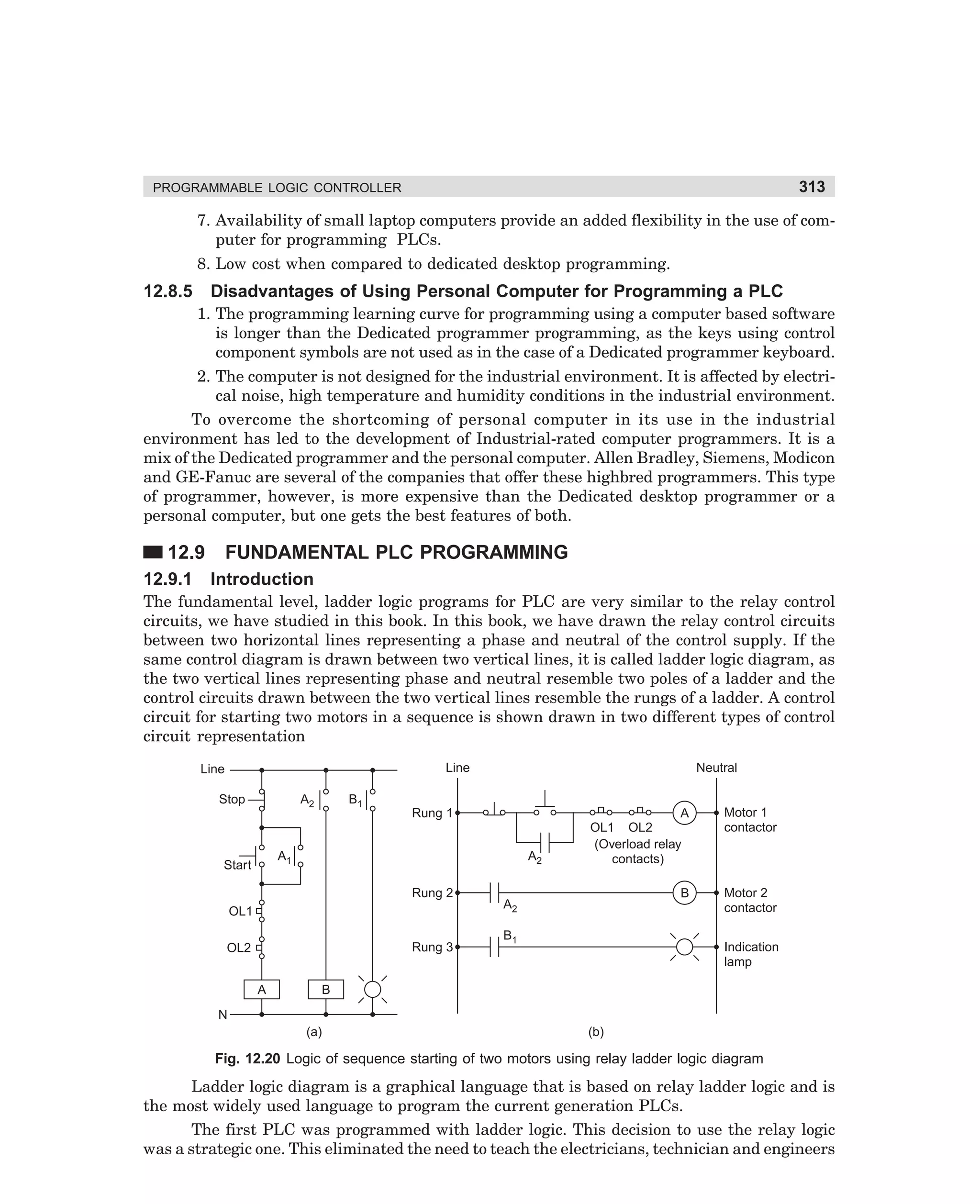 313

PROGRAMMABLE LOGIC CONTROLLER

7. Availability of small laptop computers provide an added flexibility in the use of computer for programming PLCs.
8. Low cost when compared to dedicated desktop programming.

12.8.5

Disadvantages of Using Personal Computer for Programming a PLC
1. The programming learning curve for programming using a computer based software
is longer than the Dedicated programmer programming, as the keys using control
component symbols are not used as in the case of a Dedicated programmer keyboard.

2. The computer is not designed for the industrial environment. It is affected by electrical noise, high temperature and humidity conditions in the industrial environment.
To overcome the shortcoming of personal computer in its use in the industrial
environment has led to the development of Industrial-rated computer programmers. It is a
mix of the Dedicated programmer and the personal computer. Allen Bradley, Siemens, Modicon
and GE-Fanuc are several of the companies that offer these highbred programmers. This type
of programmer, however, is more expensive than the Dedicated desktop programmer or a
personal computer, but one gets the best features of both.

12.9
12.9.1

FUNDAMENTAL PLC PROGRAMMING
Introduction

The fundamental level, ladder logic programs for PLC are very similar to the relay control
circuits, we have studied in this book. In this book, we have drawn the relay control circuits
between two horizontal lines representing a phase and neutral of the control supply. If the
same control diagram is drawn between two vertical lines, it is called ladder logic diagram, as
the two vertical lines representing phase and neutral resemble two poles of a ladder and the
control circuits drawn between the two vertical lines resemble the rungs of a ladder. A control
circuit for starting two motors in a sequence is shown drawn in two different types of control
circuit representation
Line

Line
Stop

A2

B1

Neutral

Rung 1

A1

Start

A2
Rung 2

OL1
Rung 3

OL2
A

A
OL1 OL2
(Overload relay
contacts)

Motor 1
contactor

B

Motor 2
contactor

A2
B1

Indication
lamp

B

N
(a)

(b)

Fig. 12.20 Logic of sequence starting of two motors using relay ladder logic diagram

Ladder logic diagram is a graphical language that is based on relay ladder logic and is
the most widely used language to program the current generation PLCs.
The first PLC was programmed with ladder logic. This decision to use the relay logic
was a strategic one. This eliminated the need to teach the electricians, technician and engineers

dharm
d:N-MachMac12-1.pm5

313

 