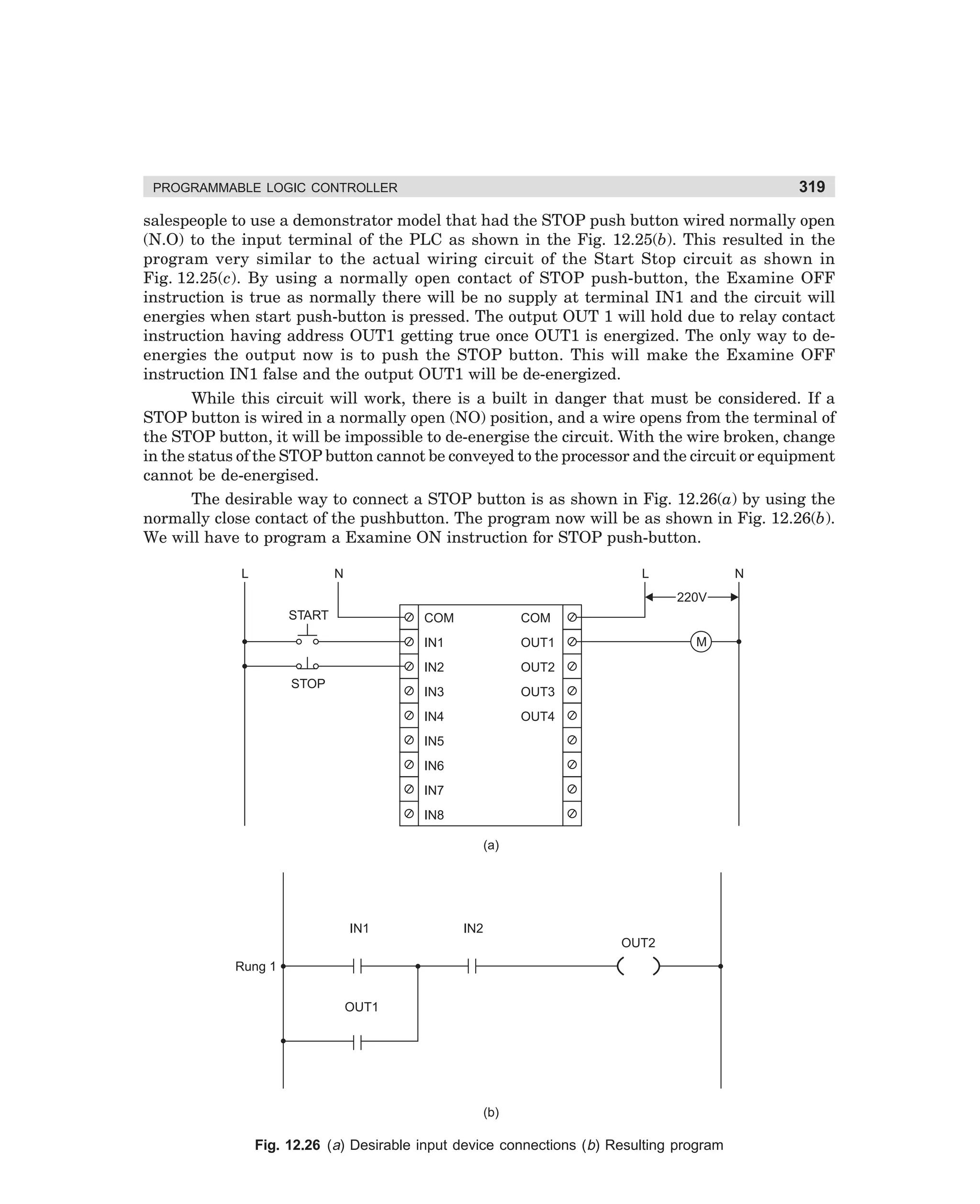 319

PROGRAMMABLE LOGIC CONTROLLER

salespeople to use a demonstrator model that had the STOP push button wired normally open
(N.O) to the input terminal of the PLC as shown in the Fig. 12.25(b). This resulted in the
program very similar to the actual wiring circuit of the Start Stop circuit as shown in
Fig. 12.25(c). By using a normally open contact of STOP push-button, the Examine OFF
instruction is true as normally there will be no supply at terminal IN1 and the circuit will
energies when start push-button is pressed. The output OUT 1 will hold due to relay contact
instruction having address OUT1 getting true once OUT1 is energized. The only way to deenergies the output now is to push the STOP button. This will make the Examine OFF
instruction IN1 false and the output OUT1 will be de-energized.
While this circuit will work, there is a built in danger that must be considered. If a
STOP button is wired in a normally open (NO) position, and a wire opens from the terminal of
the STOP button, it will be impossible to de-energise the circuit. With the wire broken, change
in the status of the STOP button cannot be conveyed to the processor and the circuit or equipment
cannot be de-energised.
The desirable way to connect a STOP button is as shown in Fig. 12.26(a) by using the
normally close contact of the pushbutton. The program now will be as shown in Fig. 12.26(b).
We will have to program a Examine ON instruction for STOP push-button.
L

N

L

N
220V

START

COM
IN1

OUT1

IN2

OUT2

IN3

OUT3

IN4

STOP

COM

OUT4

M

IN5
IN6
IN7
IN8
(a)

IN1

IN2
OUT2

Rung 1
OUT1

(b)

Fig. 12.26 (a) Desirable input device connections (b) Resulting program

dharm
d:N-MachMac12-2.pm5

319

 