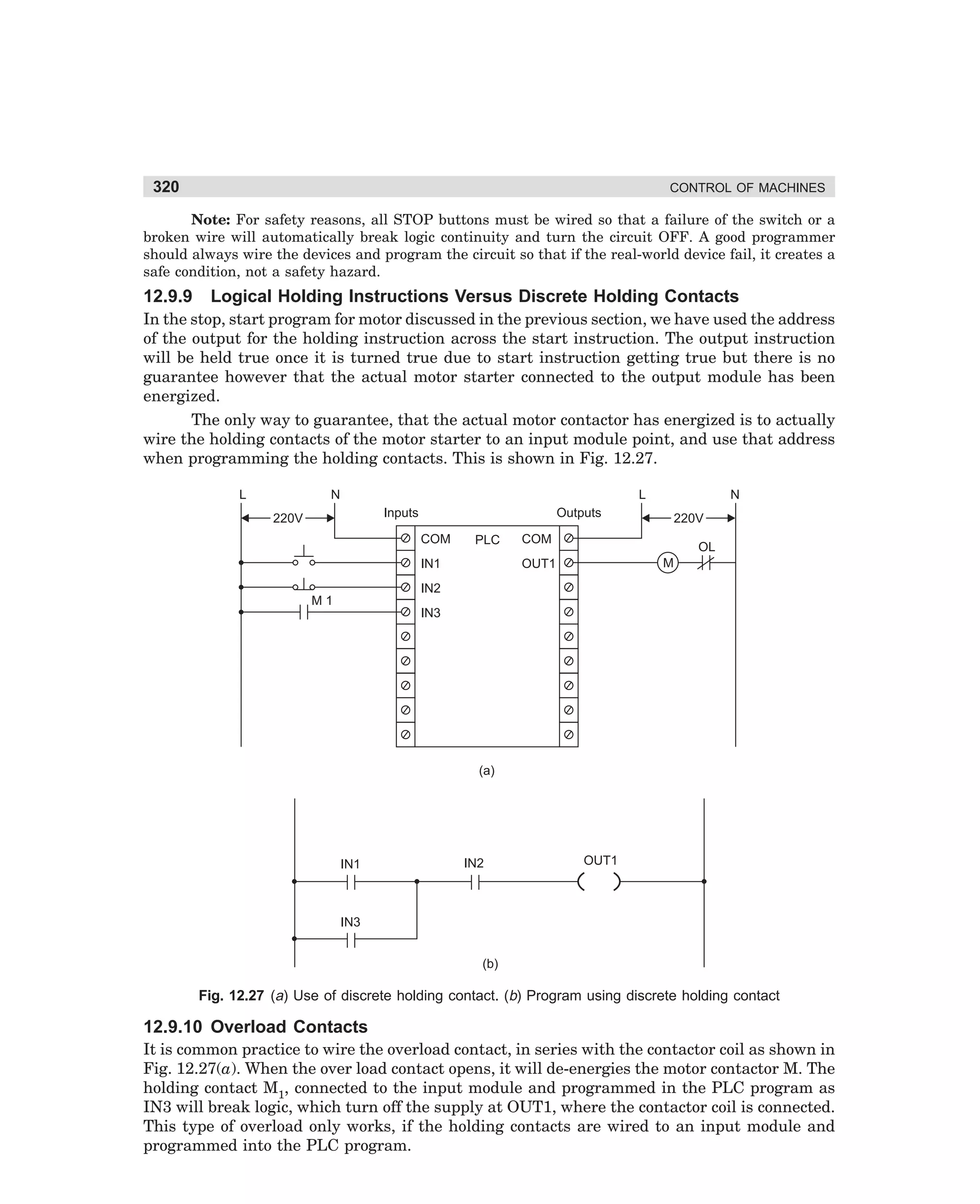 320

CONTROL OF MACHINES

Note: For safety reasons, all STOP buttons must be wired so that a failure of the switch or a
broken wire will automatically break logic continuity and turn the circuit OFF. A good programmer
should always wire the devices and program the circuit so that if the real-world device fail, it creates a
safe condition, not a safety hazard.

12.9.9

Logical Holding Instructions Versus Discrete Holding Contacts

In the stop, start program for motor discussed in the previous section, we have used the address
of the output for the holding instruction across the start instruction. The output instruction
will be held true once it is turned true due to start instruction getting true but there is no
guarantee however that the actual motor starter connected to the output module has been
energized.
The only way to guarantee, that the actual motor contactor has energized is to actually
wire the holding contacts of the motor starter to an input module point, and use that address
when programming the holding contacts. This is shown in Fig. 12.27.
L

N

L
Inputs

220V

N

Outputs
COM

PLC

OL
M

OUT1

IN1

220V

COM

IN2
M1
IN3

(a)

IN1

IN2

OUT1

IN3
(b)

Fig. 12.27 (a) Use of discrete holding contact. (b) Program using discrete holding contact

12.9.10 Overload Contacts
It is common practice to wire the overload contact, in series with the contactor coil as shown in
Fig. 12.27(a). When the over load contact opens, it will de-energies the motor contactor M. The
holding contact M1, connected to the input module and programmed in the PLC program as
IN3 will break logic, which turn off the supply at OUT1, where the contactor coil is connected.
This type of overload only works, if the holding contacts are wired to an input module and
programmed into the PLC program.

dharm
d:N-MachMac12-2.pm5

320

 