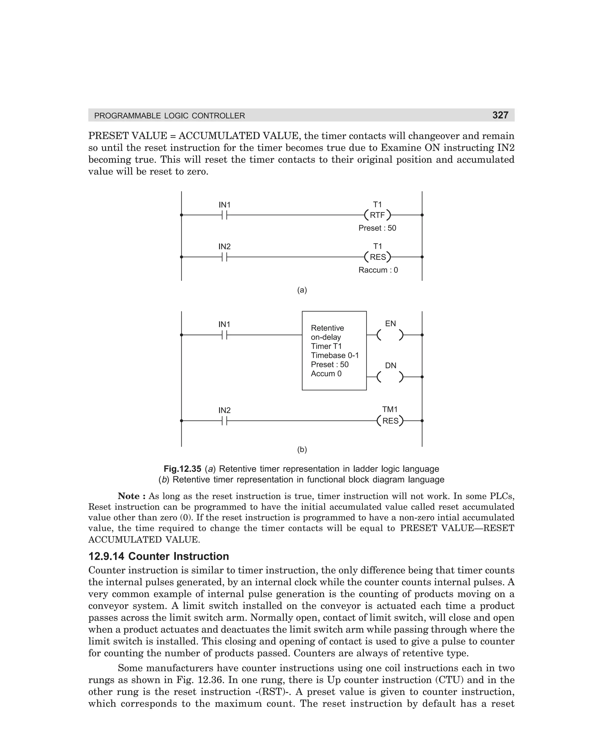 327

PROGRAMMABLE LOGIC CONTROLLER

PRESET VALUE = ACCUMULATED VALUE, the timer contacts will changeover and remain
so until the reset instruction for the timer becomes true due to Examine ON instructing IN2
becoming true. This will reset the timer contacts to their original position and accumulated
value will be reset to zero.

T1
RTF

IN1

Preset : 50
T1
RES

IN2

Raccum : 0
(a)

IN1

Retentive
on-delay
Timer T1
Timebase 0-1
Preset : 50
Accum 0

EN

DN

TM1
RES

IN2

(b)

Fig.12.35 (a) Retentive timer representation in ladder logic language
(b) Retentive timer representation in functional block diagram language
Note : As long as the reset instruction is true, timer instruction will not work. In some PLCs,
Reset instruction can be programmed to have the initial accumulated value called reset accumulated
value other than zero (0). If the reset instruction is programmed to have a non-zero intial accumulated
value, the time required to change the timer contacts will be equal to PRESET VALUE—RESET
ACCUMULATED VALUE.

12.9.14 Counter Instruction
Counter instruction is similar to timer instruction, the only difference being that timer counts
the internal pulses generated, by an internal clock while the counter counts internal pulses. A
very common example of internal pulse generation is the counting of products moving on a
conveyor system. A limit switch installed on the conveyor is actuated each time a product
passes across the limit switch arm. Normally open, contact of limit switch, will close and open
when a product actuates and deactuates the limit switch arm while passing through where the
limit switch is installed. This closing and opening of contact is used to give a pulse to counter
for counting the number of products passed. Counters are always of retentive type.
Some manufacturers have counter instructions using one coil instructions each in two
rungs as shown in Fig. 12.36. In one rung, there is Up counter instruction (CTU) and in the
other rung is the reset instruction -(RST)-. A preset value is given to counter instruction,
which corresponds to the maximum count. The reset instruction by default has a reset

dharm
d:N-MachMac12-2.pm5

327

 
