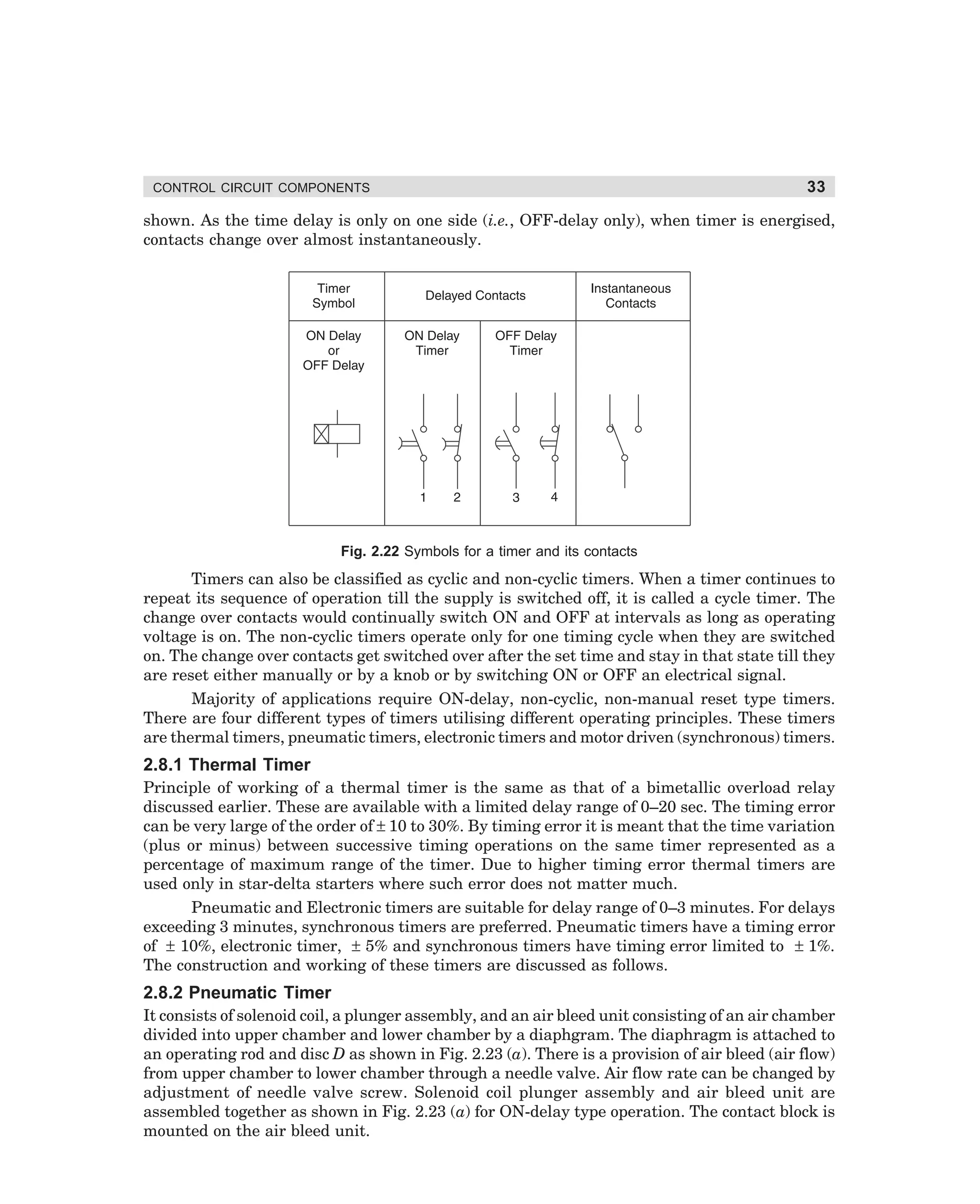 CONTROL CIRCUIT COMPONENTS

33

shown. As the time delay is only on one side (i.e., OFF-delay only), when timer is energised,
contacts change over almost instantaneously.

Fig. 2.22 Symbols for a timer and its contacts

Timers can also be classified as cyclic and non-cyclic timers. When a timer continues to
repeat its sequence of operation till the supply is switched off, it is called a cycle timer. The
change over contacts would continually switch ON and OFF at intervals as long as operating
voltage is on. The non-cyclic timers operate only for one timing cycle when they are switched
on. The change over contacts get switched over after the set time and stay in that state till they
are reset either manually or by a knob or by switching ON or OFF an electrical signal.
Majority of applications require ON-delay, non-cyclic, non-manual reset type timers.
There are four different types of timers utilising different operating principles. These timers
are thermal timers, pneumatic timers, electronic timers and motor driven (synchronous) timers.

2.8.1 Thermal Timer
Principle of working of a thermal timer is the same as that of a bimetallic overload relay
discussed earlier. These are available with a limited delay range of 0–20 sec. The timing error
can be very large of the order of ± 10 to 30%. By timing error it is meant that the time variation
(plus or minus) between successive timing operations on the same timer represented as a
percentage of maximum range of the timer. Due to higher timing error thermal timers are
used only in star-delta starters where such error does not matter much.
Pneumatic and Electronic timers are suitable for delay range of 0–3 minutes. For delays
exceeding 3 minutes, synchronous timers are preferred. Pneumatic timers have a timing error
of ± 10%, electronic timer, ± 5% and synchronous timers have timing error limited to ± 1%.
The construction and working of these timers are discussed as follows.

2.8.2 Pneumatic Timer
It consists of solenoid coil, a plunger assembly, and an air bleed unit consisting of an air chamber
divided into upper chamber and lower chamber by a diaphgram. The diaphragm is attached to
an operating rod and disc D as shown in Fig. 2.23 (a). There is a provision of air bleed (air flow)
from upper chamber to lower chamber through a needle valve. Air flow rate can be changed by
adjustment of needle valve screw. Solenoid coil plunger assembly and air bleed unit are
assembled together as shown in Fig. 2.23 (a) for ON-delay type operation. The contact block is
mounted on the air bleed unit.

dharm
d:N-MachMac2-2.pm5

33

 