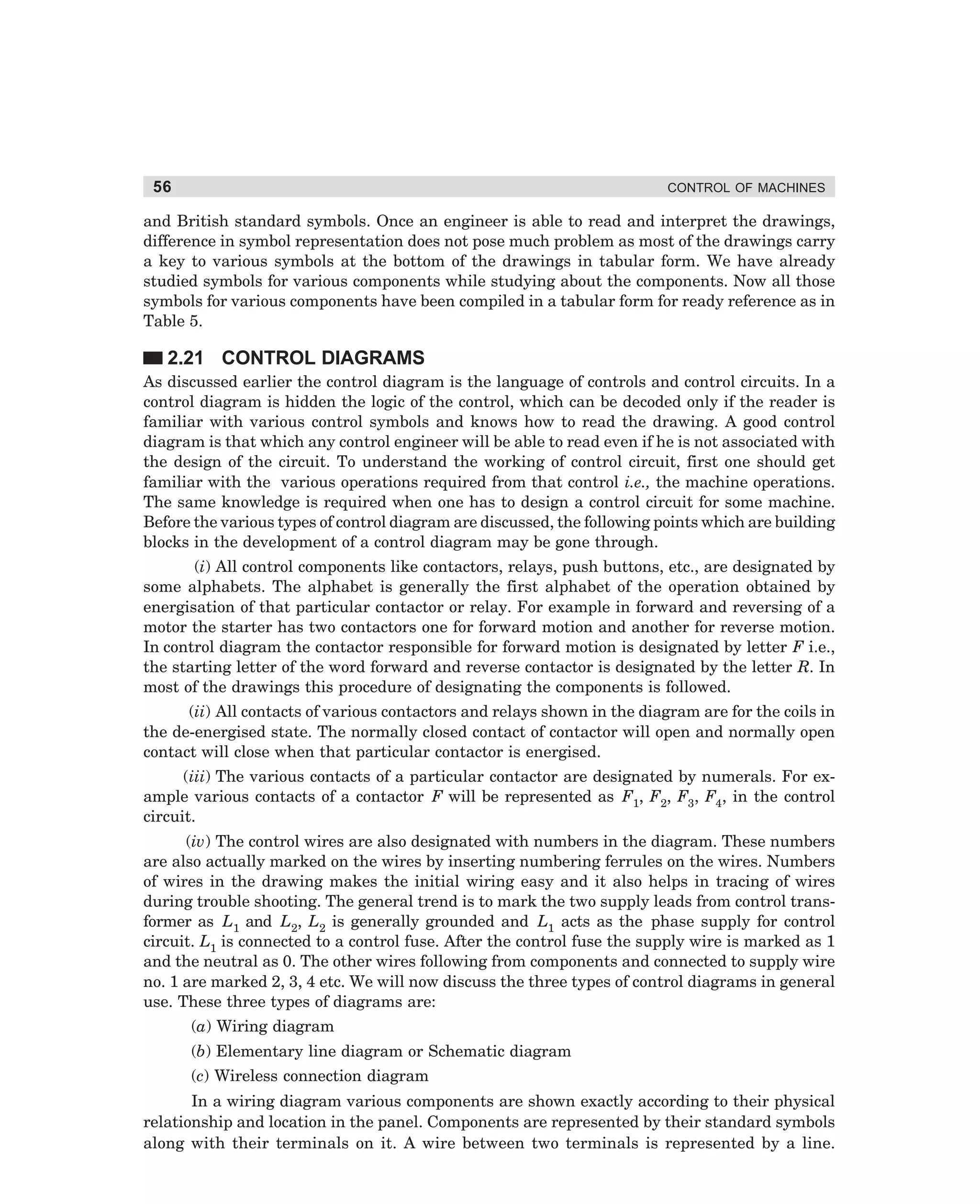 56

CONTROL OF MACHINES

and British standard symbols. Once an engineer is able to read and interpret the drawings,
difference in symbol representation does not pose much problem as most of the drawings carry
a key to various symbols at the bottom of the drawings in tabular form. We have already
studied symbols for various components while studying about the components. Now all those
symbols for various components have been compiled in a tabular form for ready reference as in
Table 5.

2.21 CONTROL DIAGRAMS
As discussed earlier the control diagram is the language of controls and control circuits. In a
control diagram is hidden the logic of the control, which can be decoded only if the reader is
familiar with various control symbols and knows how to read the drawing. A good control
diagram is that which any control engineer will be able to read even if he is not associated with
the design of the circuit. To understand the working of control circuit, first one should get
familiar with the various operations required from that control i.e., the machine operations.
The same knowledge is required when one has to design a control circuit for some machine.
Before the various types of control diagram are discussed, the following points which are building
blocks in the development of a control diagram may be gone through.
(i) All control components like contactors, relays, push buttons, etc., are designated by
some alphabets. The alphabet is generally the first alphabet of the operation obtained by
energisation of that particular contactor or relay. For example in forward and reversing of a
motor the starter has two contactors one for forward motion and another for reverse motion.
In control diagram the contactor responsible for forward motion is designated by letter F i.e.,
the starting letter of the word forward and reverse contactor is designated by the letter R. In
most of the drawings this procedure of designating the components is followed.
(ii) All contacts of various contactors and relays shown in the diagram are for the coils in
the de-energised state. The normally closed contact of contactor will open and normally open
contact will close when that particular contactor is energised.
(iii) The various contacts of a particular contactor are designated by numerals. For example various contacts of a contactor F will be represented as F1, F2, F3, F4, in the control
circuit.
(iv) The control wires are also designated with numbers in the diagram. These numbers
are also actually marked on the wires by inserting numbering ferrules on the wires. Numbers
of wires in the drawing makes the initial wiring easy and it also helps in tracing of wires
during trouble shooting. The general trend is to mark the two supply leads from control transformer as L1 and L2, L2 is generally grounded and L1 acts as the phase supply for control
circuit. L1 is connected to a control fuse. After the control fuse the supply wire is marked as 1
and the neutral as 0. The other wires following from components and connected to supply wire
no. 1 are marked 2, 3, 4 etc. We will now discuss the three types of control diagrams in general
use. These three types of diagrams are:
(a) Wiring diagram
(b) Elementary line diagram or Schematic diagram
(c) Wireless connection diagram
In a wiring diagram various components are shown exactly according to their physical
relationship and location in the panel. Components are represented by their standard symbols
along with their terminals on it. A wire between two terminals is represented by a line.

dharm
d:N-MachMac2-3.pm5

56

 